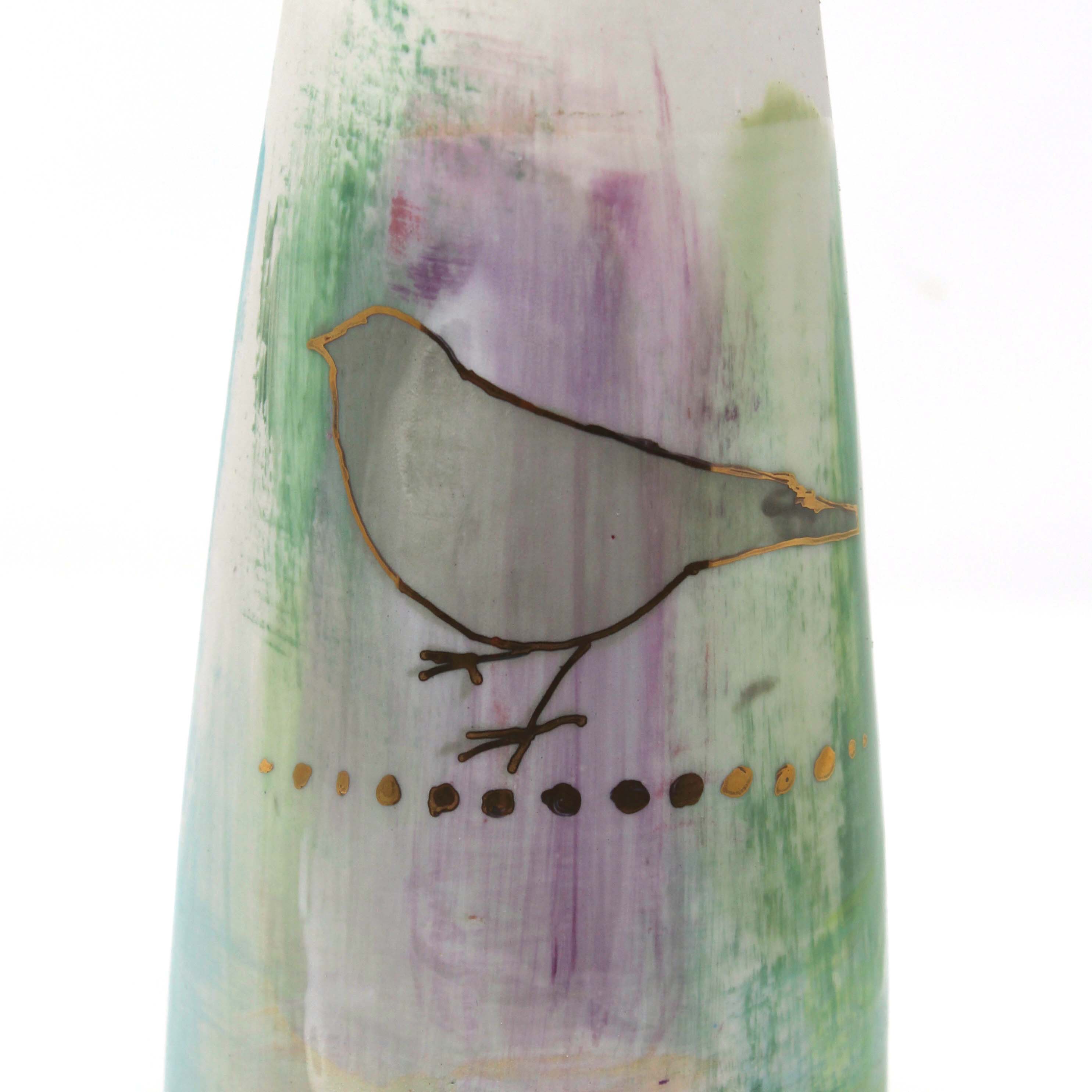 Bird and Botanical Vase/ Green and Lilac.