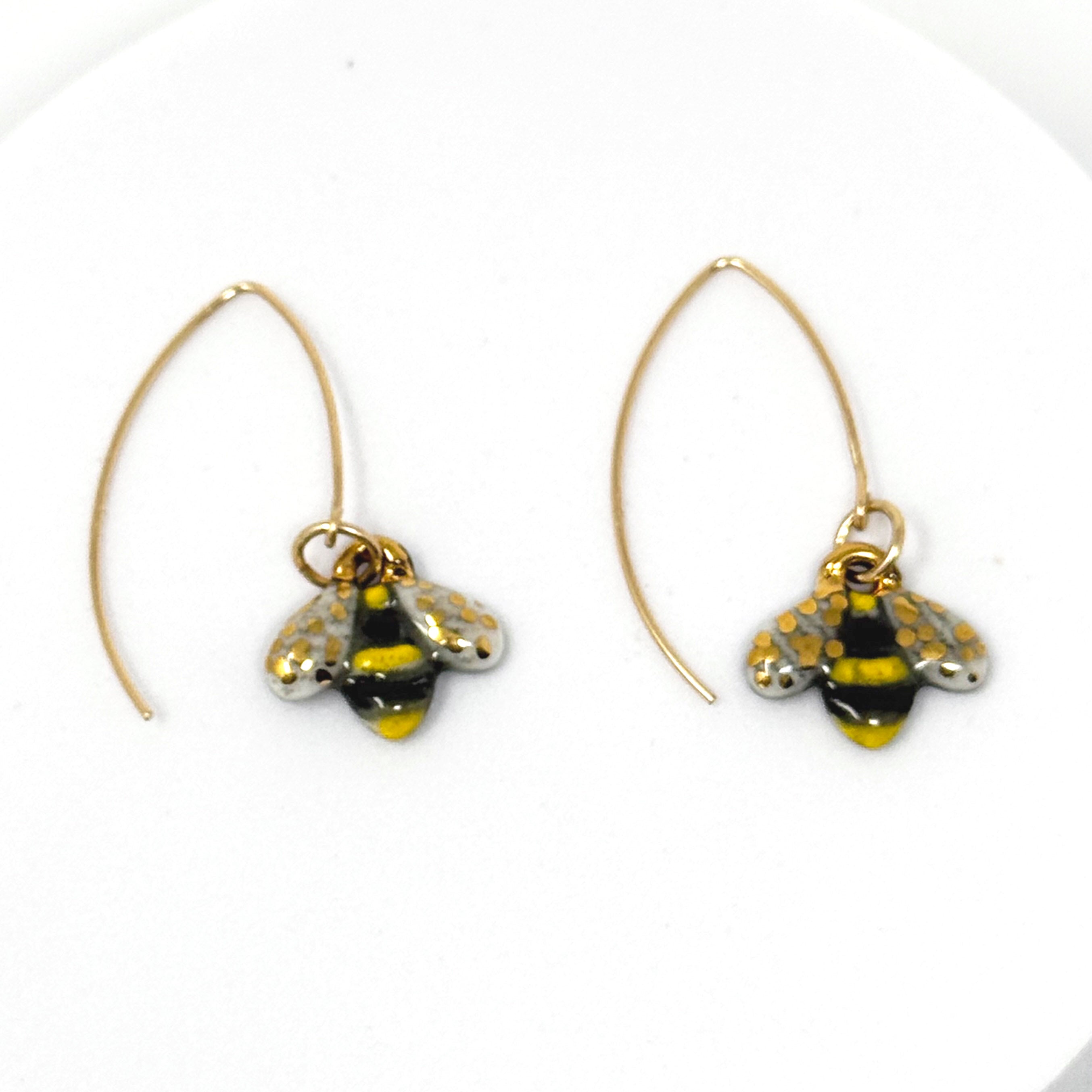 Porcelain Bee Dangle Earrings – 24k Gold Details, Handmade Nature-Inspired Jewellery