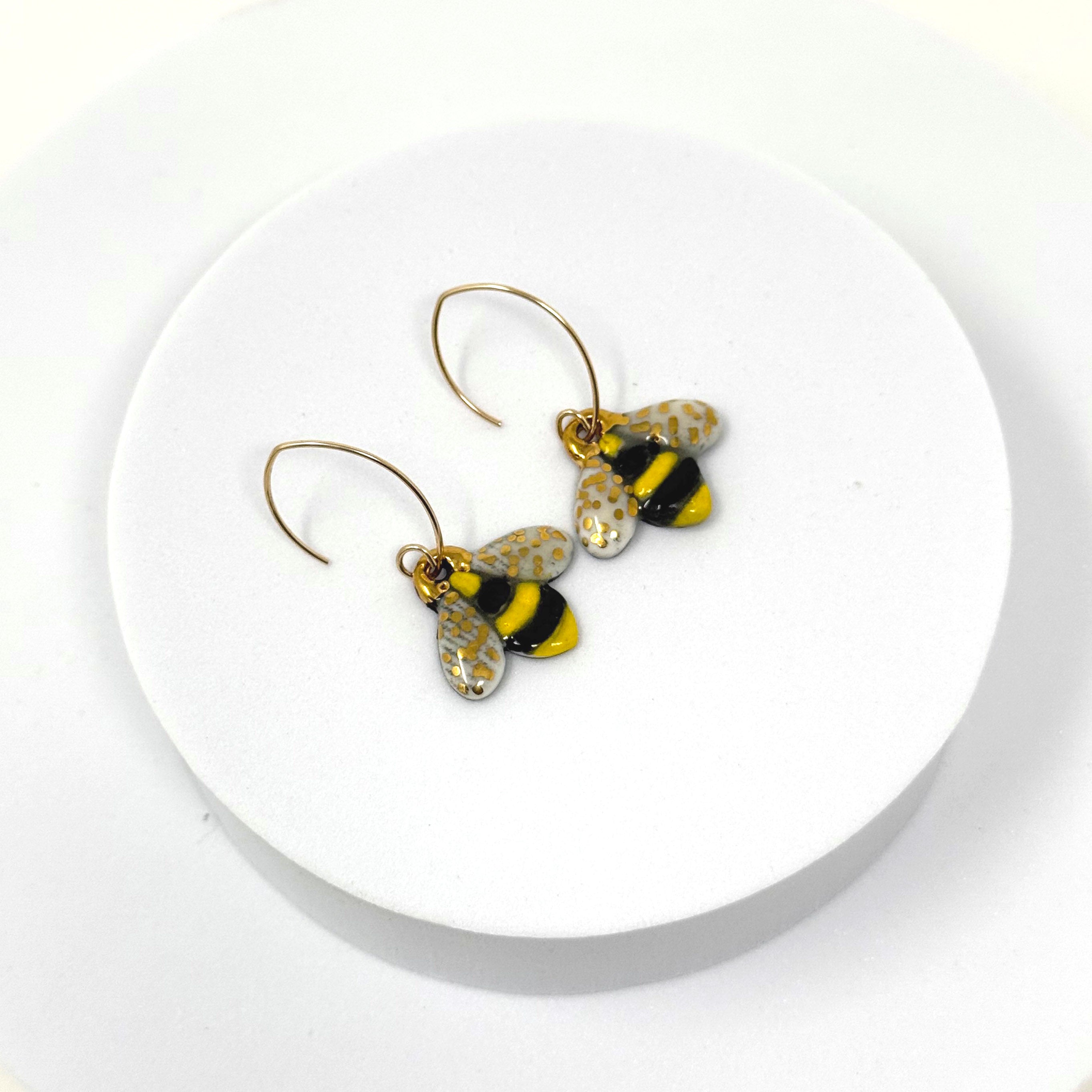 Bee Porcelain Dangle Earrings – 14 karat Gold Filled Rounded Hook