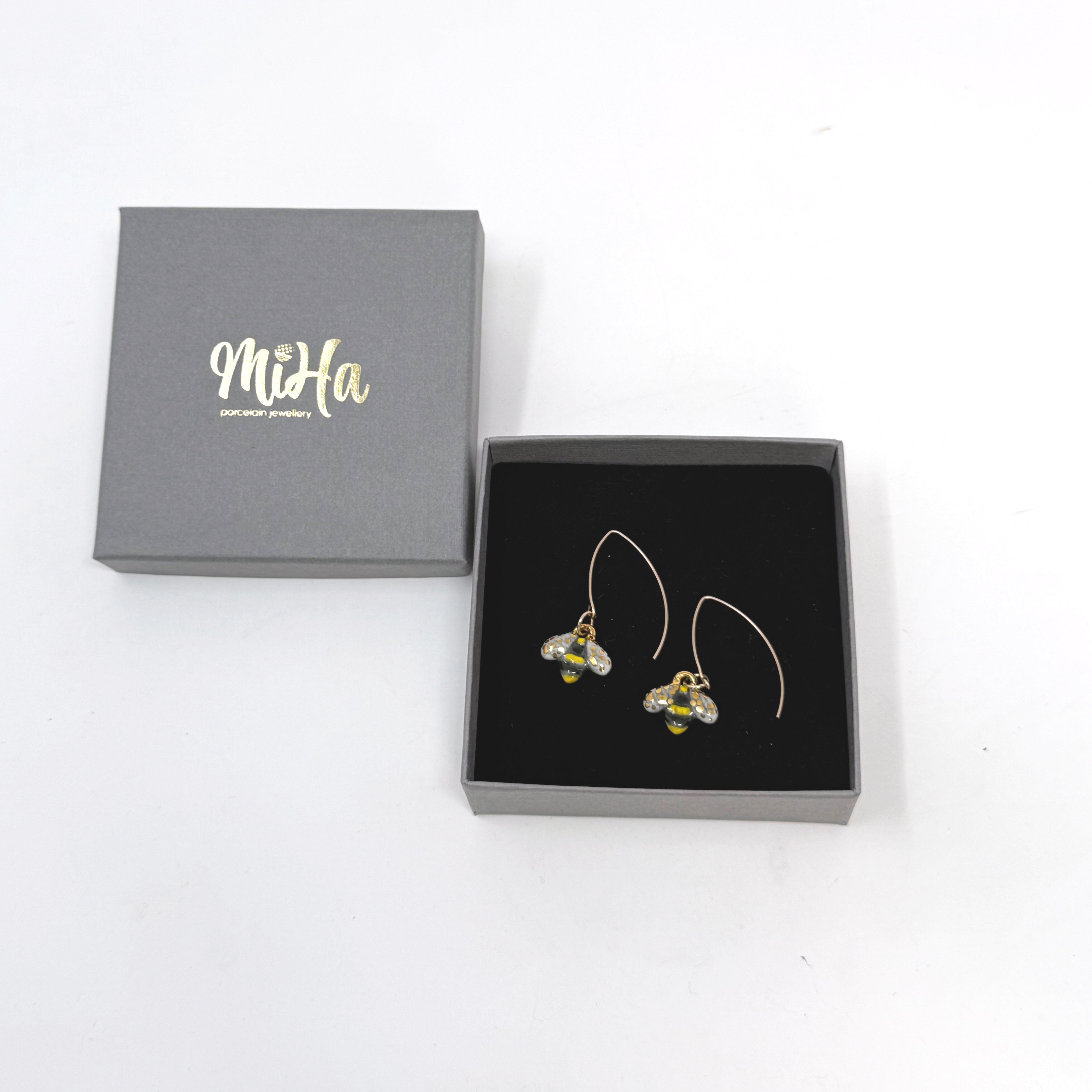 Porcelain Bee Dangle Earrings – 24k Gold Details, Handmade Nature-Inspired Jewellery