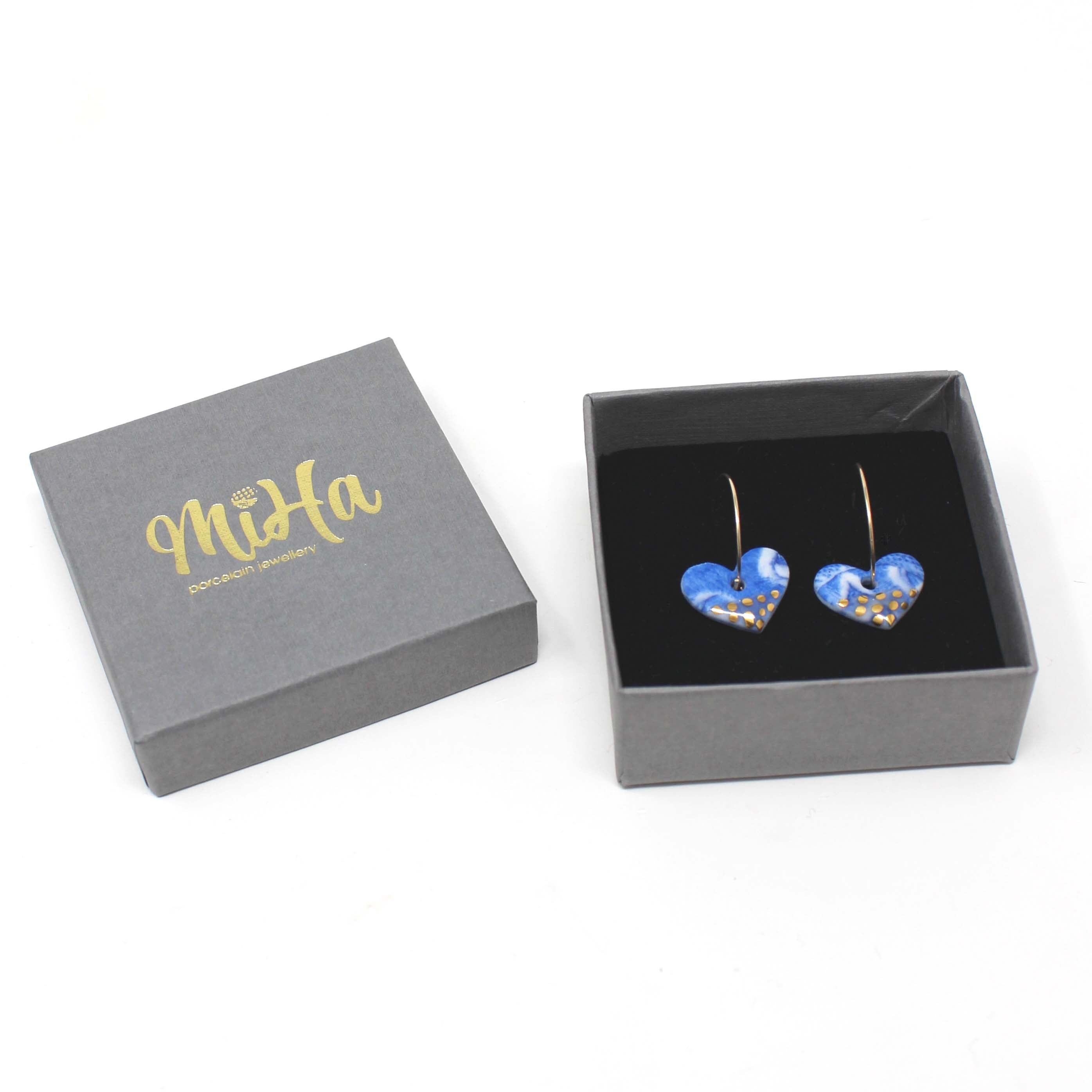 Blue Marble Porcelain Heart Charm Gold Hoop Earrings