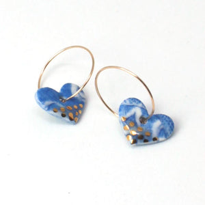 Blue Marble Porcelain Heart Charm Gold Hoop Earrings