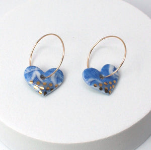 Blue Marble Porcelain Heart Charm Gold Hoop Earrings