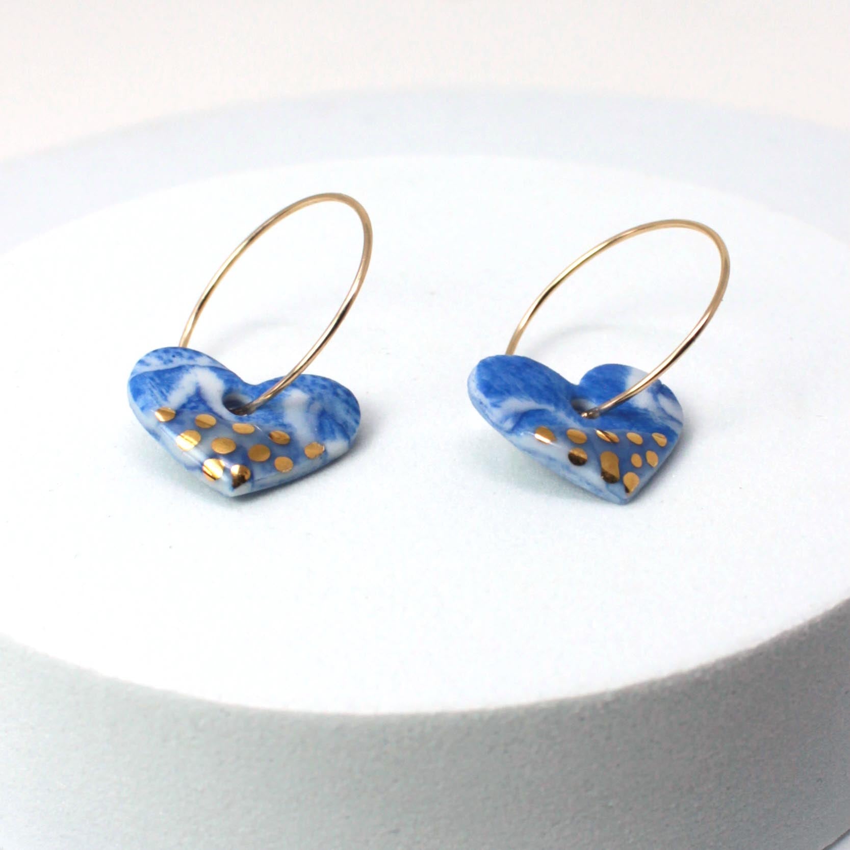 Blue Marble Porcelain Heart Charm Gold Hoop Earrings