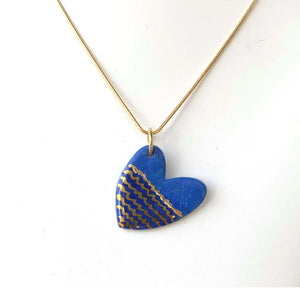 Blue Porcelain Heart Necklace with 24k gold lustre details