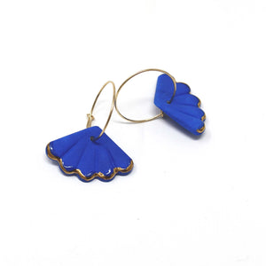 Blue Porcelain Petal Charm Gold Hoop Earrings