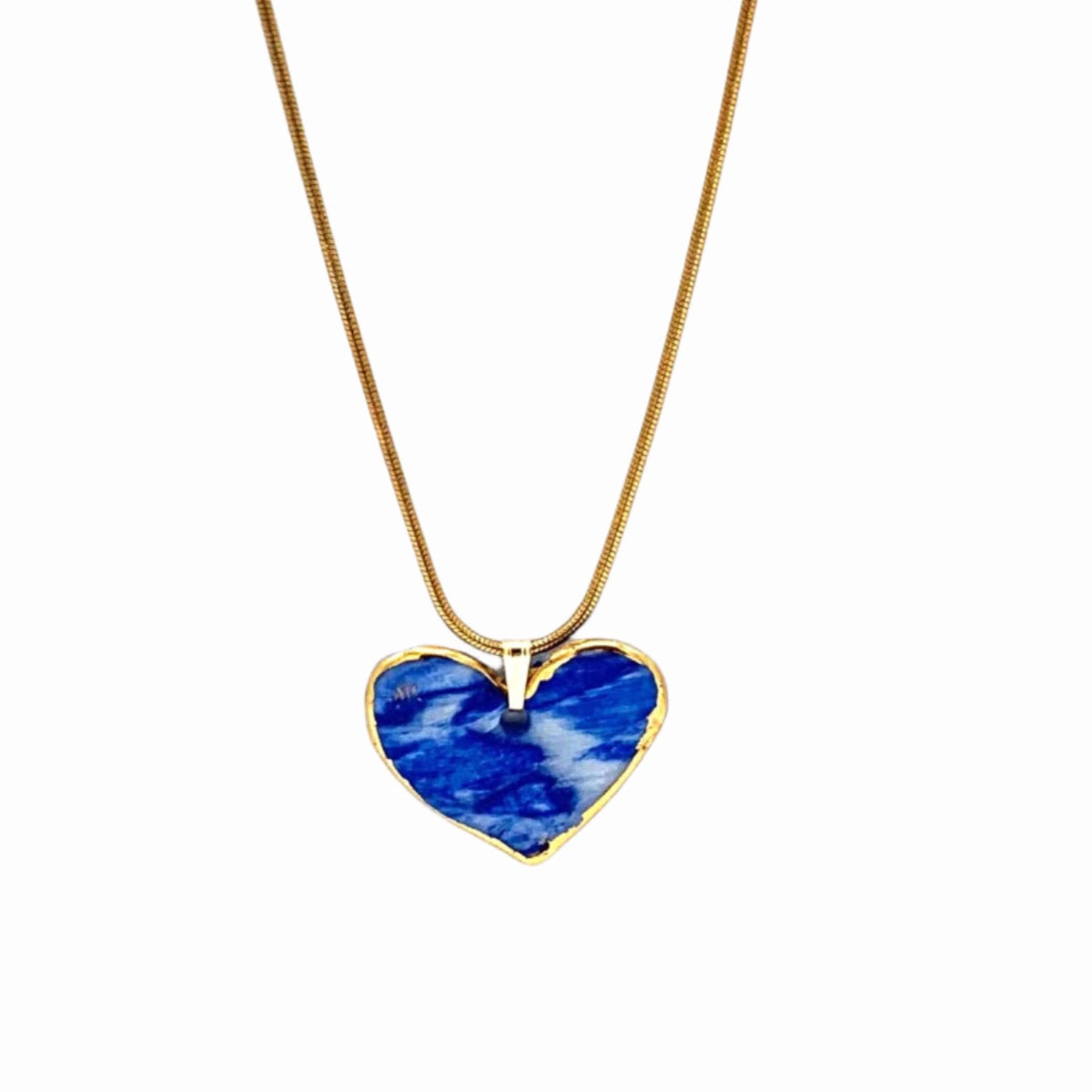 Marble Blue Heart Pendant Necklace with 24k Gold Lustre Details
