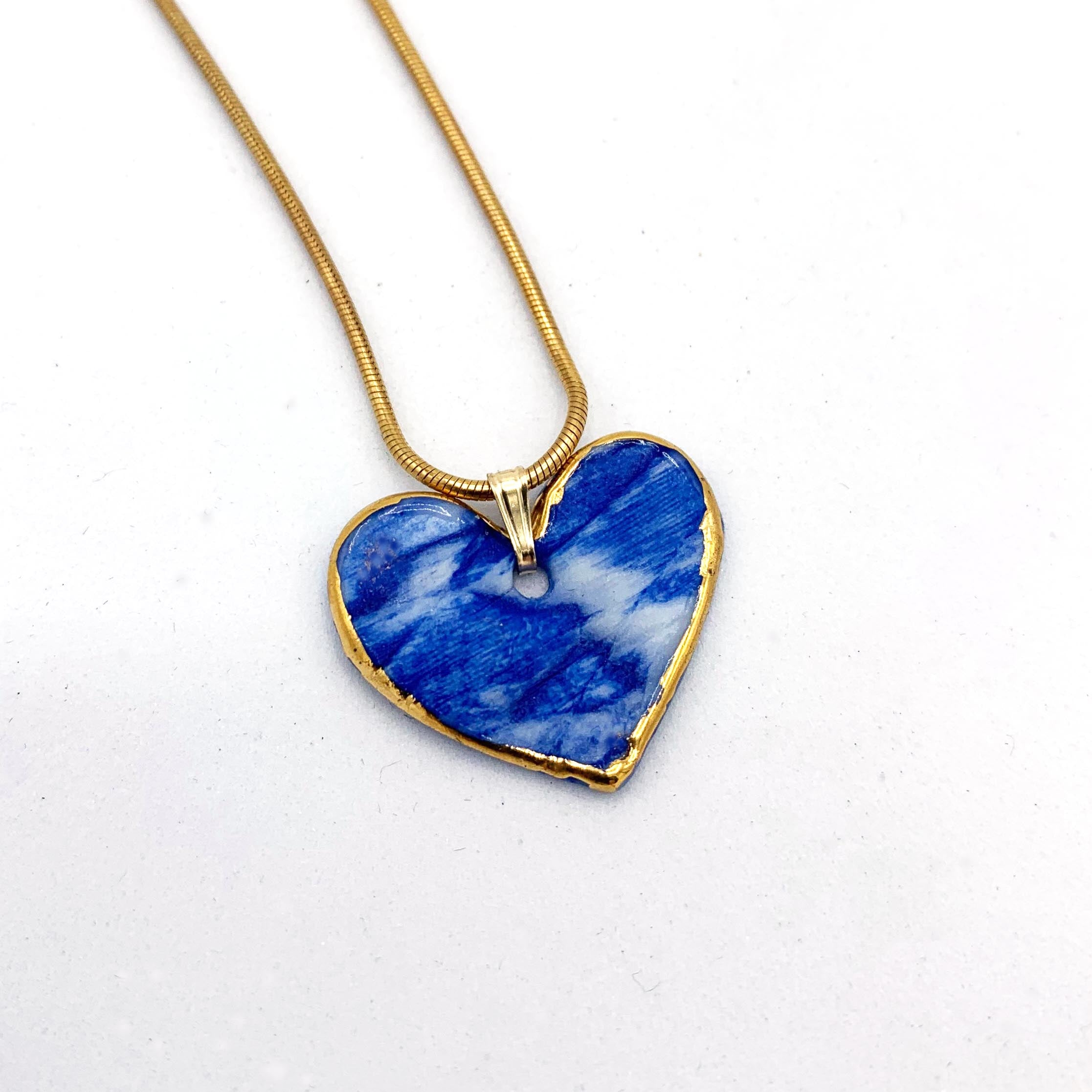 Marble Blue Heart Pendant Necklace with 24k Gold Lustre Details