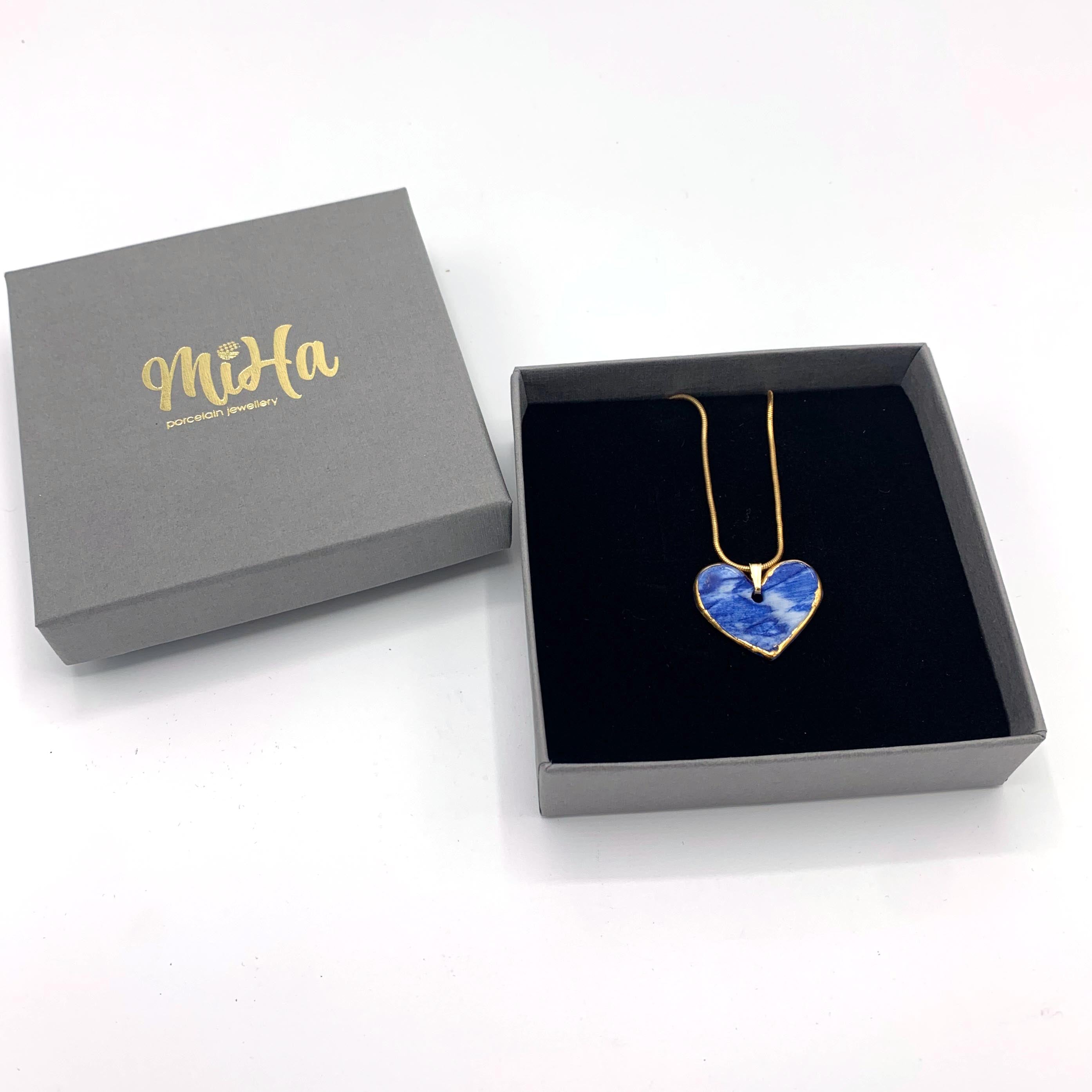 Marble Blue Heart Pendant Necklace with 24k Gold Lustre Details