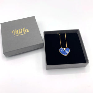 Marble Blue Heart Pendant Necklace with 24k Gold Lustre Details