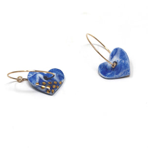 Blue Porcelain Heart Charm Gold Hoop Earrings