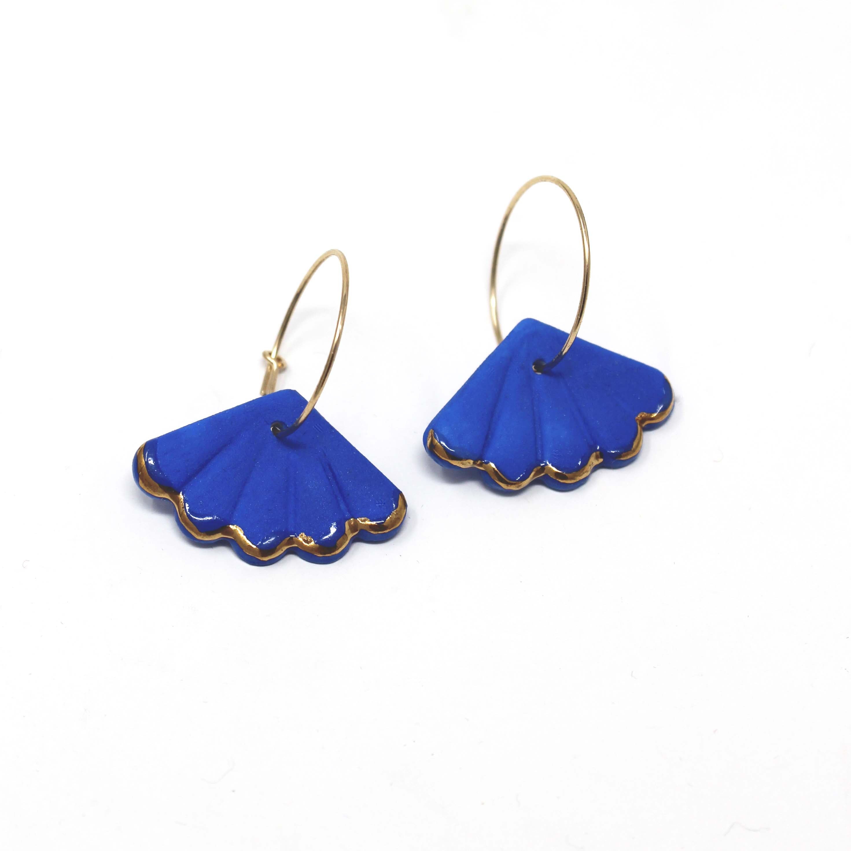 Blue Porcelain Petal Charm Gold Hoop Earrings