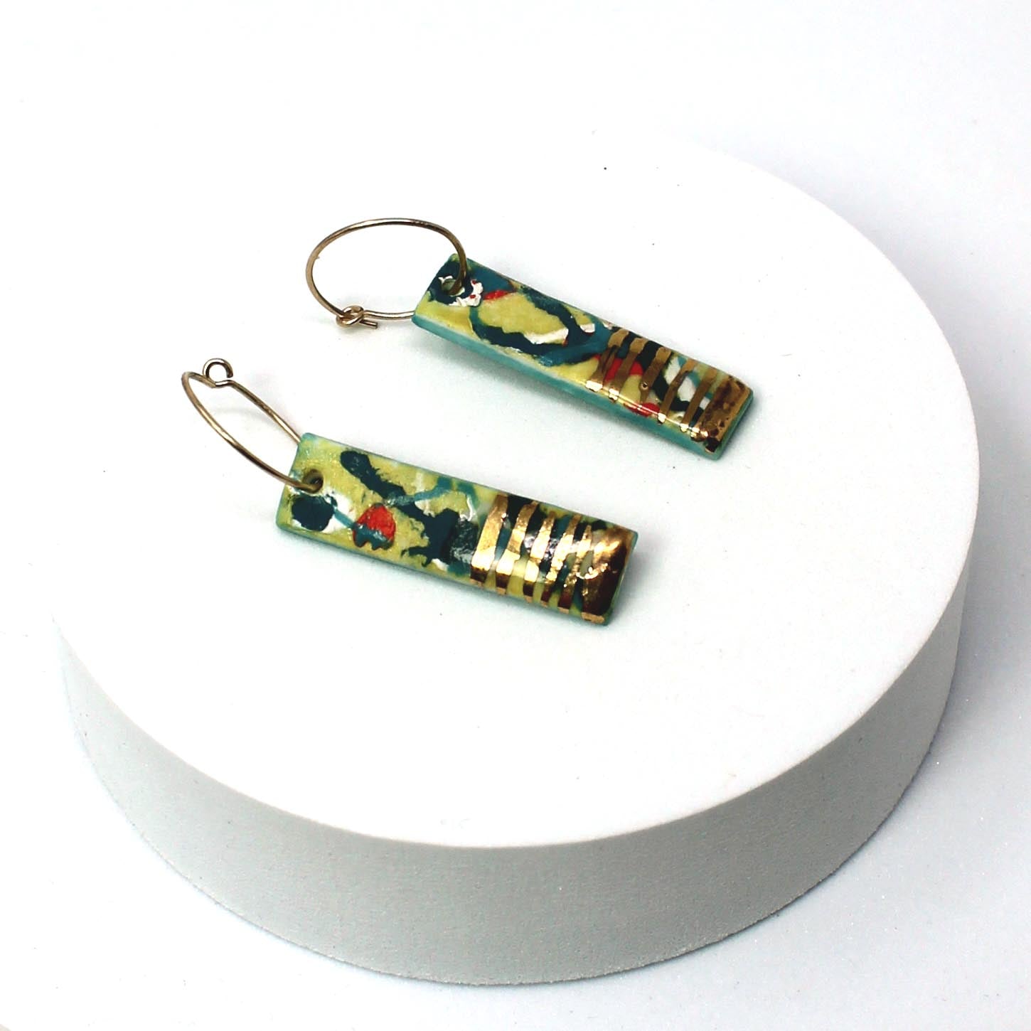 Rectangle Chime Green Patterned Porcelain Hoop Earrings with 24k Gold Lustre
