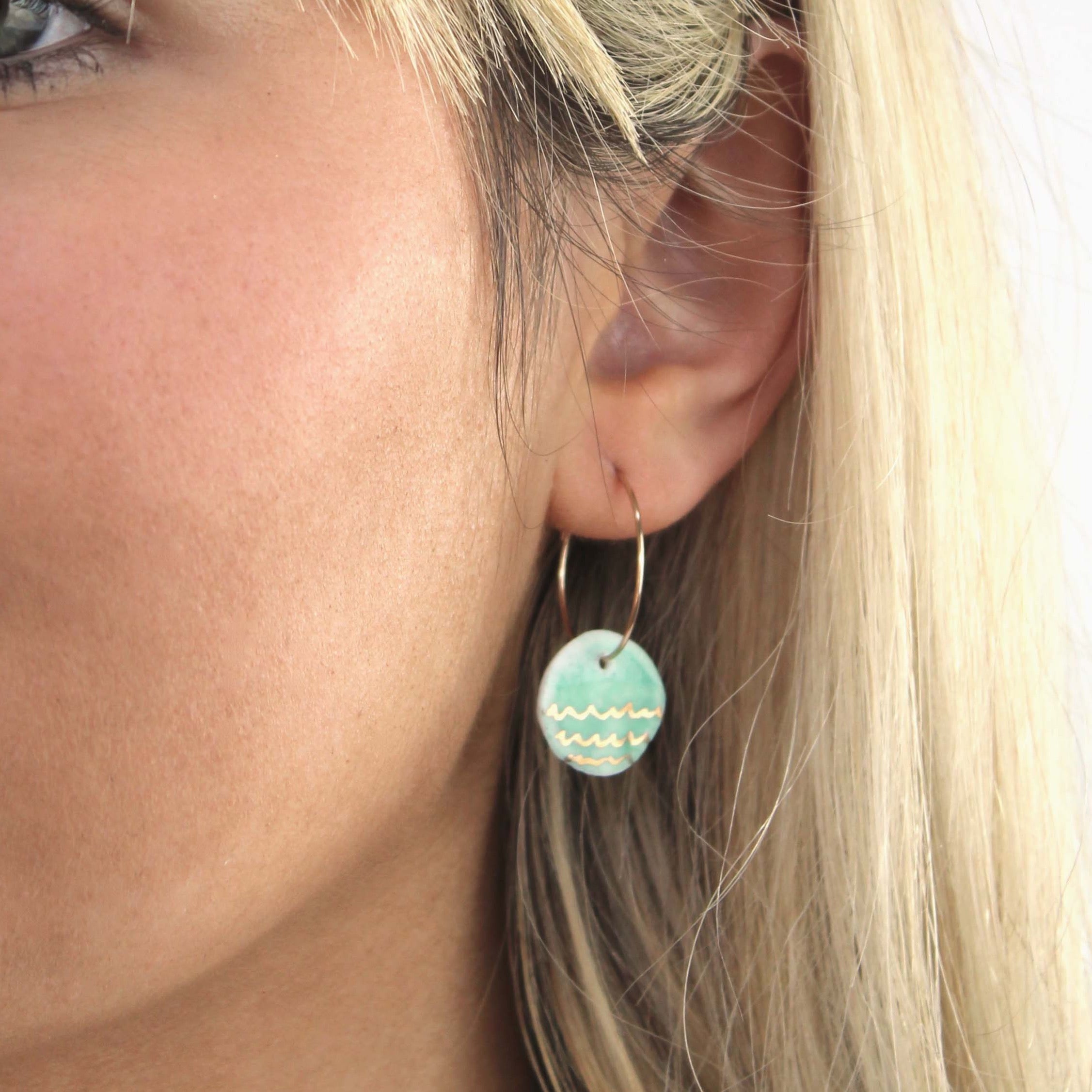 Jade Porcelain Disc Charm Hoop Earrings with 24karat Gold Lustre