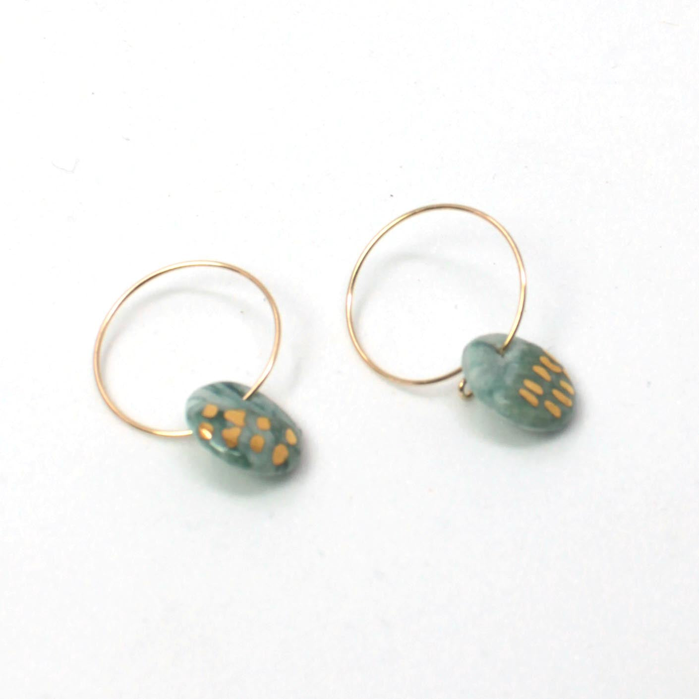 Green Small Porcelain Disc Charm Gold Hoop Earrings