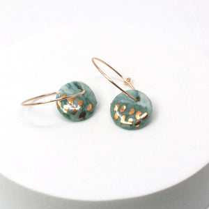 Green Small Porcelain Disc Charm Gold Hoop Earrings