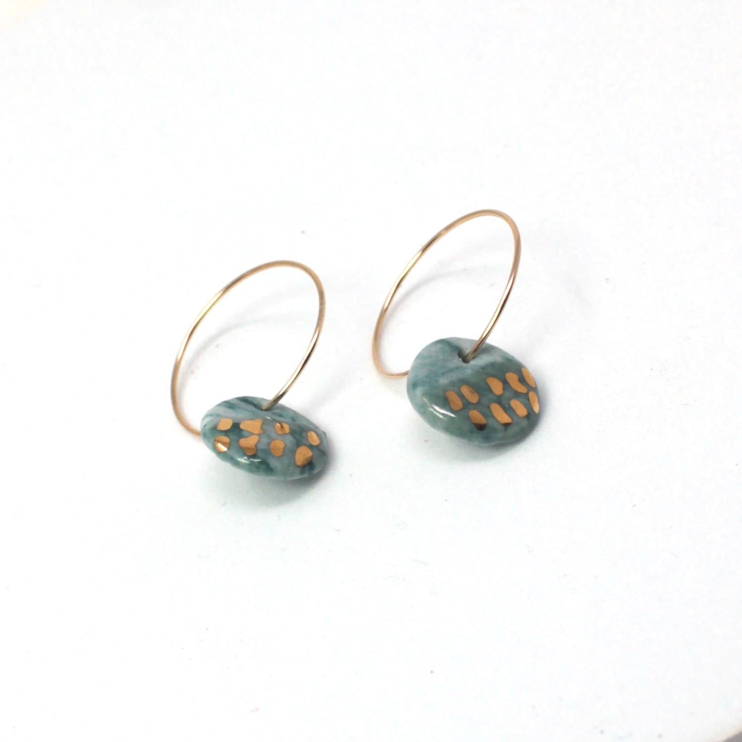 Green Small Porcelain Disc Charm Gold Hoop Earrings