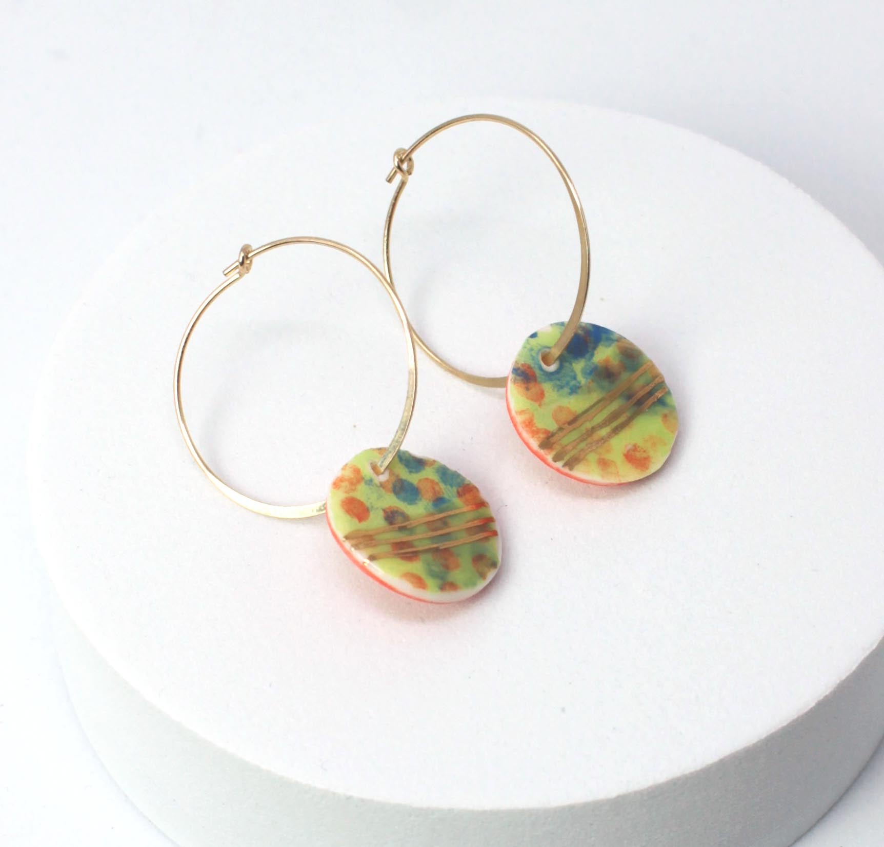 Muti Coloured Porcelain Round Charm Gold Hoop Earrings