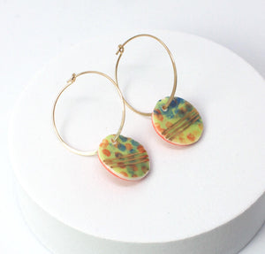 Muti Coloured Porcelain Round Charm Gold Hoop Earrings