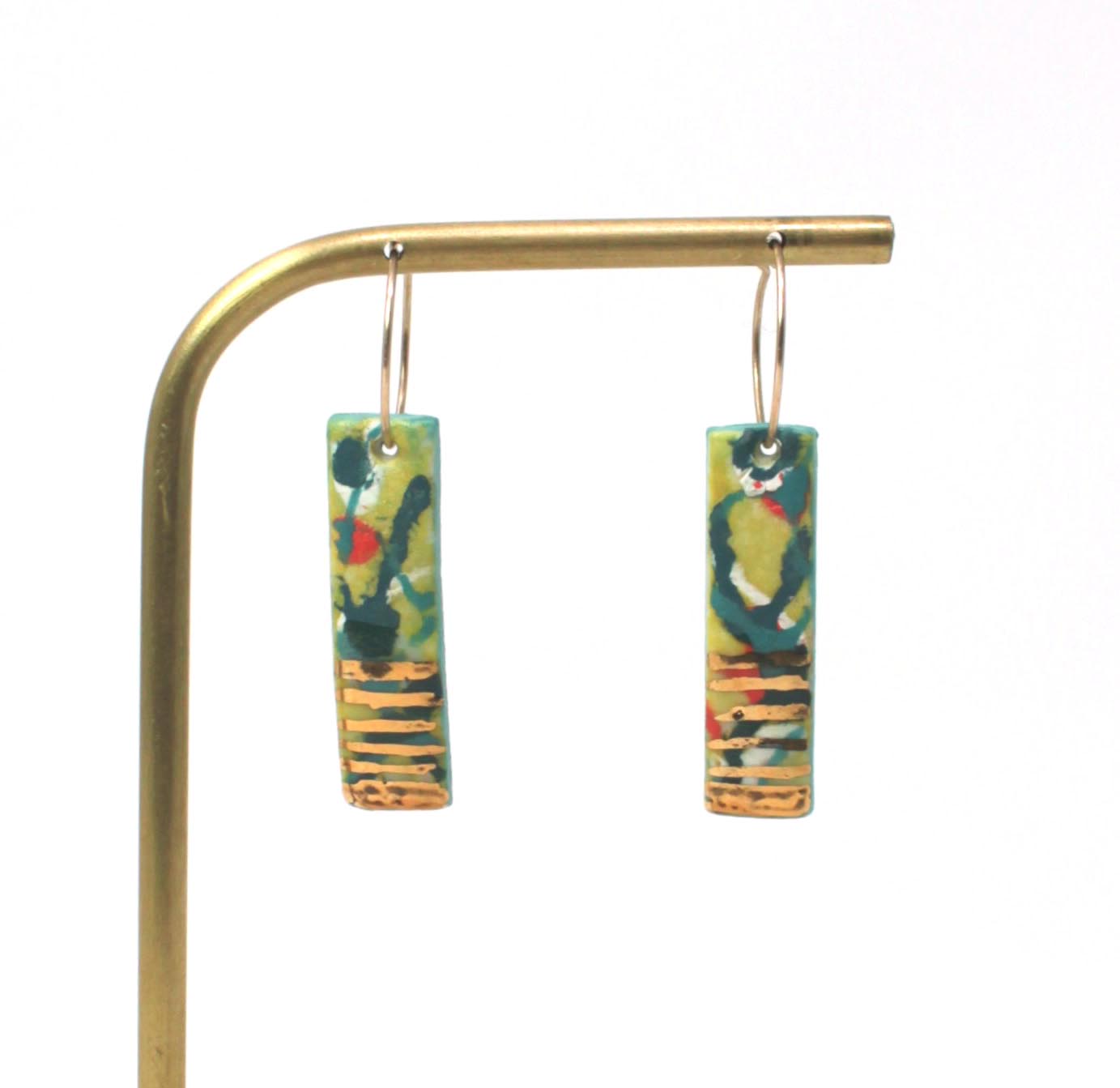 Rectangle Chime Green Patterned Porcelain Hoop Earrings with 24k Gold Lustre