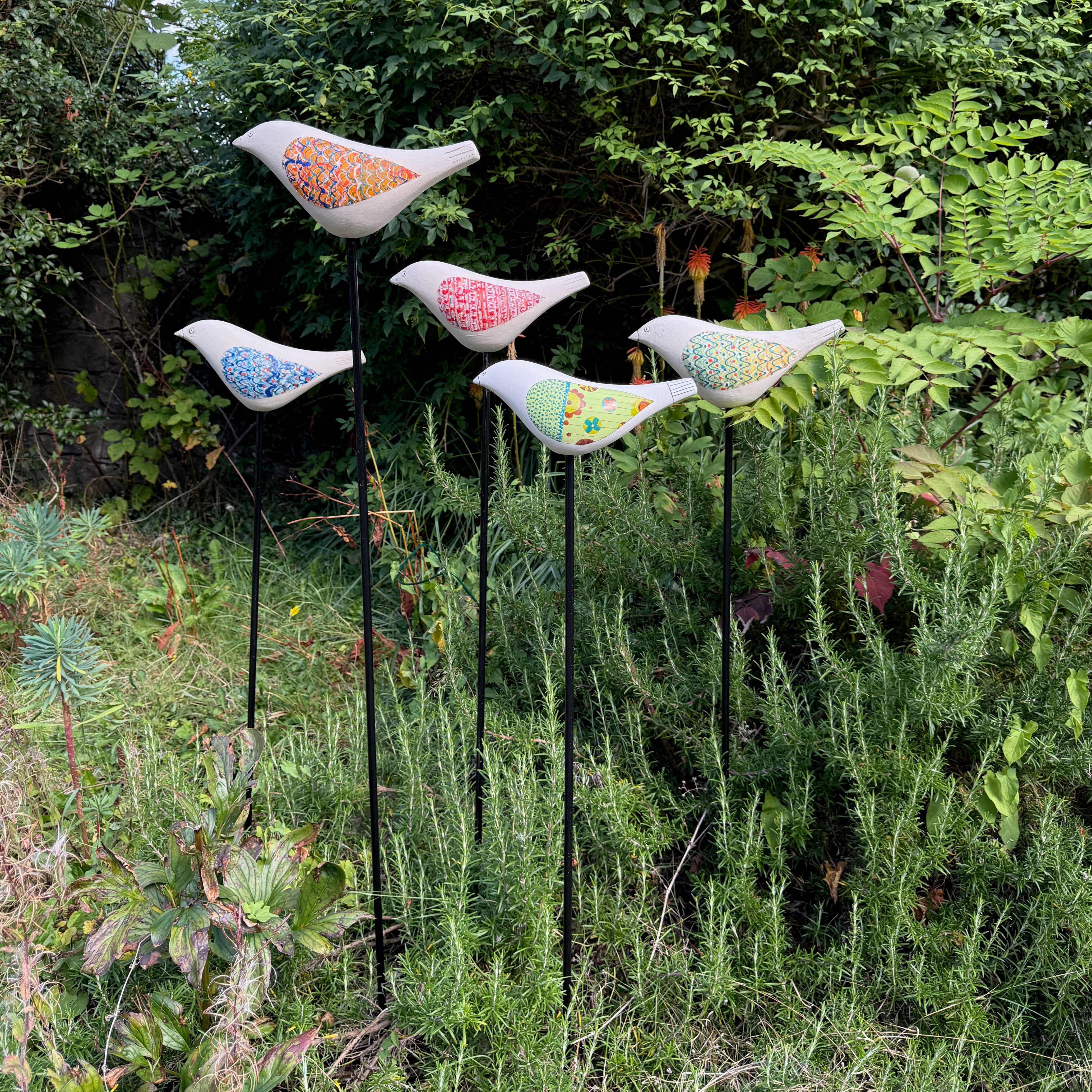 Song Bird - Ceramic Garden Sculpture (Green & Red Wings)