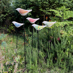 Song Bird - Ceramic Garden Sculpture (Green & Red Wings)