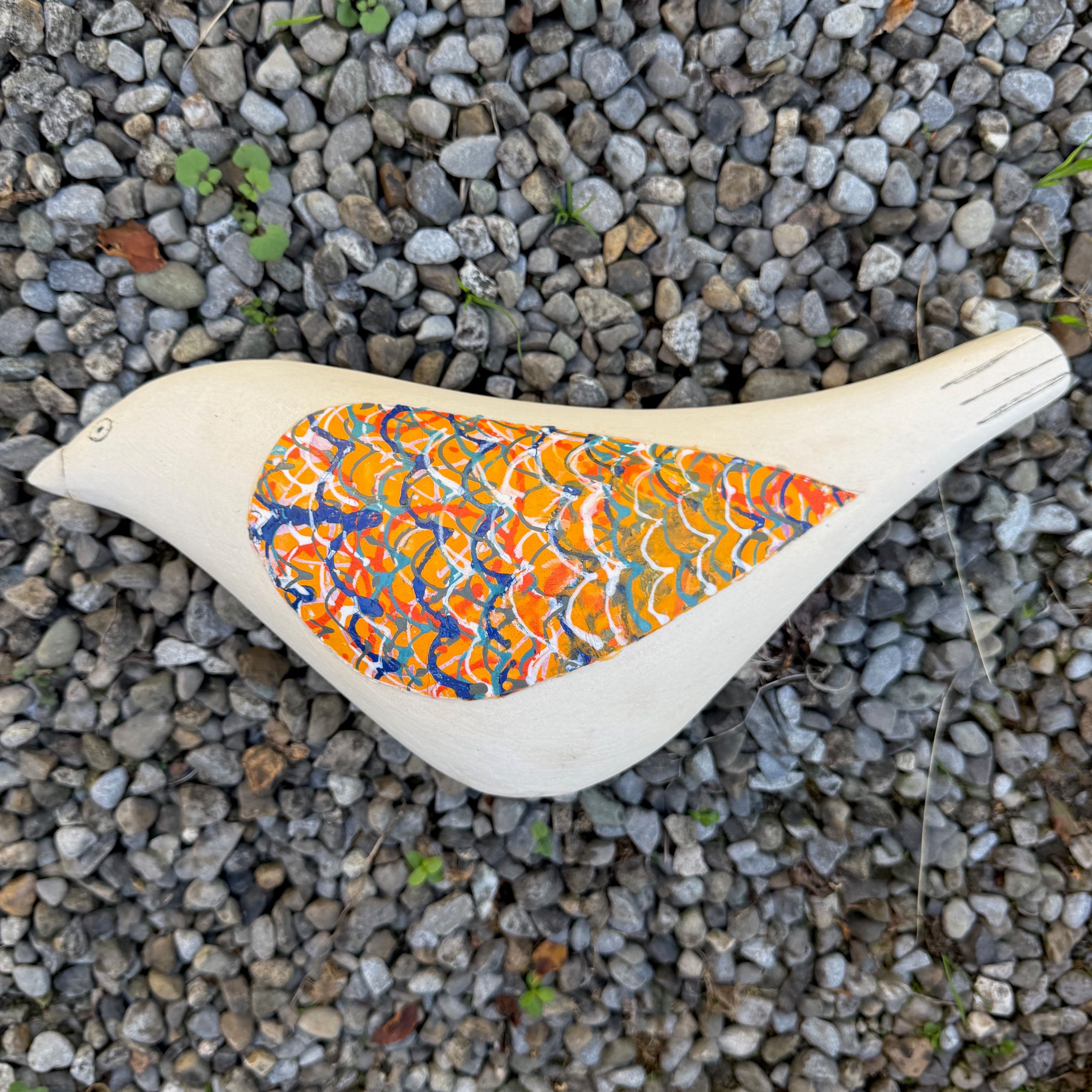 Song Bird - Ceramic Garden Bird Sculpture, Orange Wings