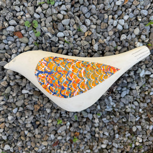 Song Bird - Ceramic Garden Bird Sculpture, Orange Wings