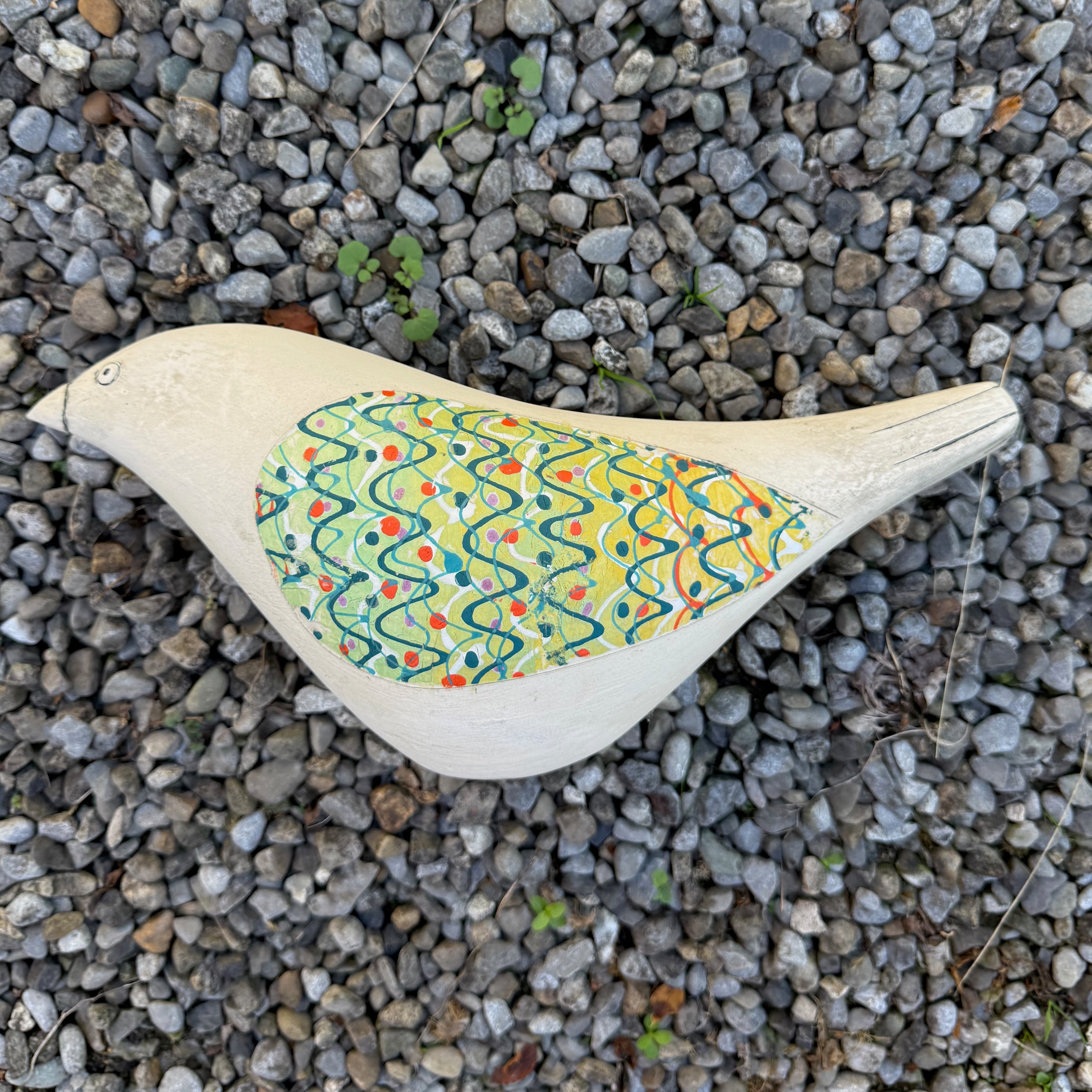 Song Bird - Ceramic Garden Sculpture (Green & Red Wings)