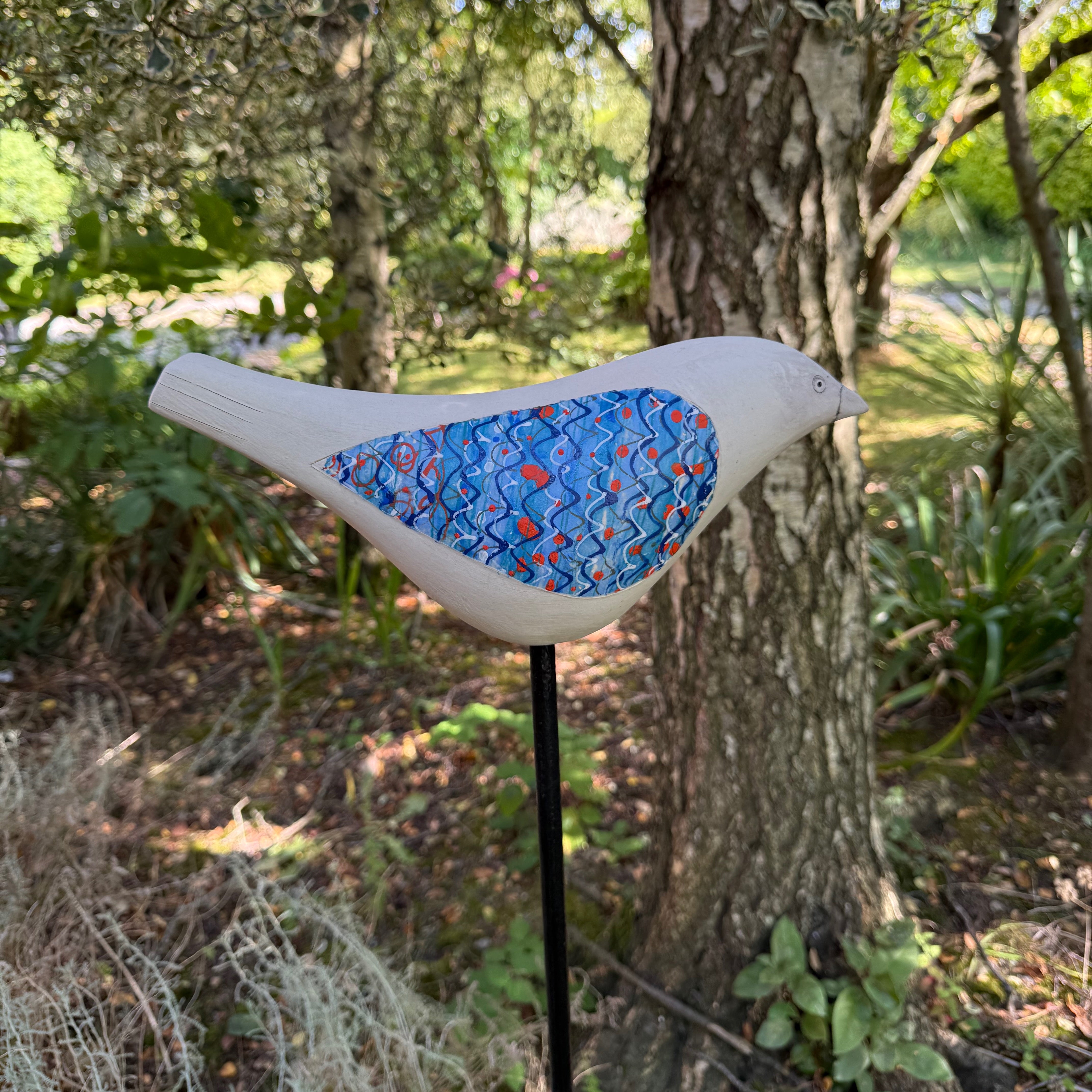 Song Bird- Ceramic Garden Sculpture, Blue wings