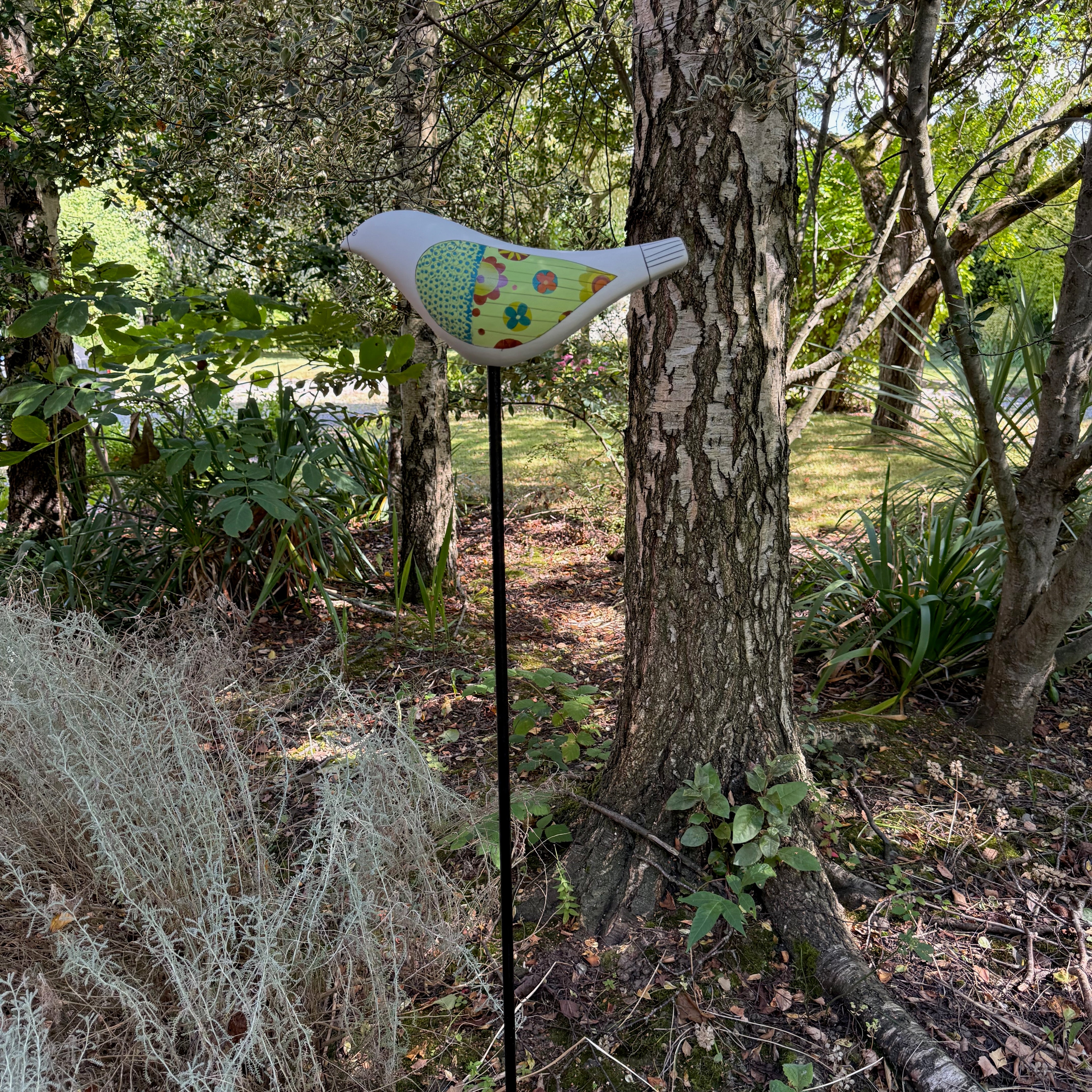 Song Bird - Ceramic Garden Sculpture, Green Wings