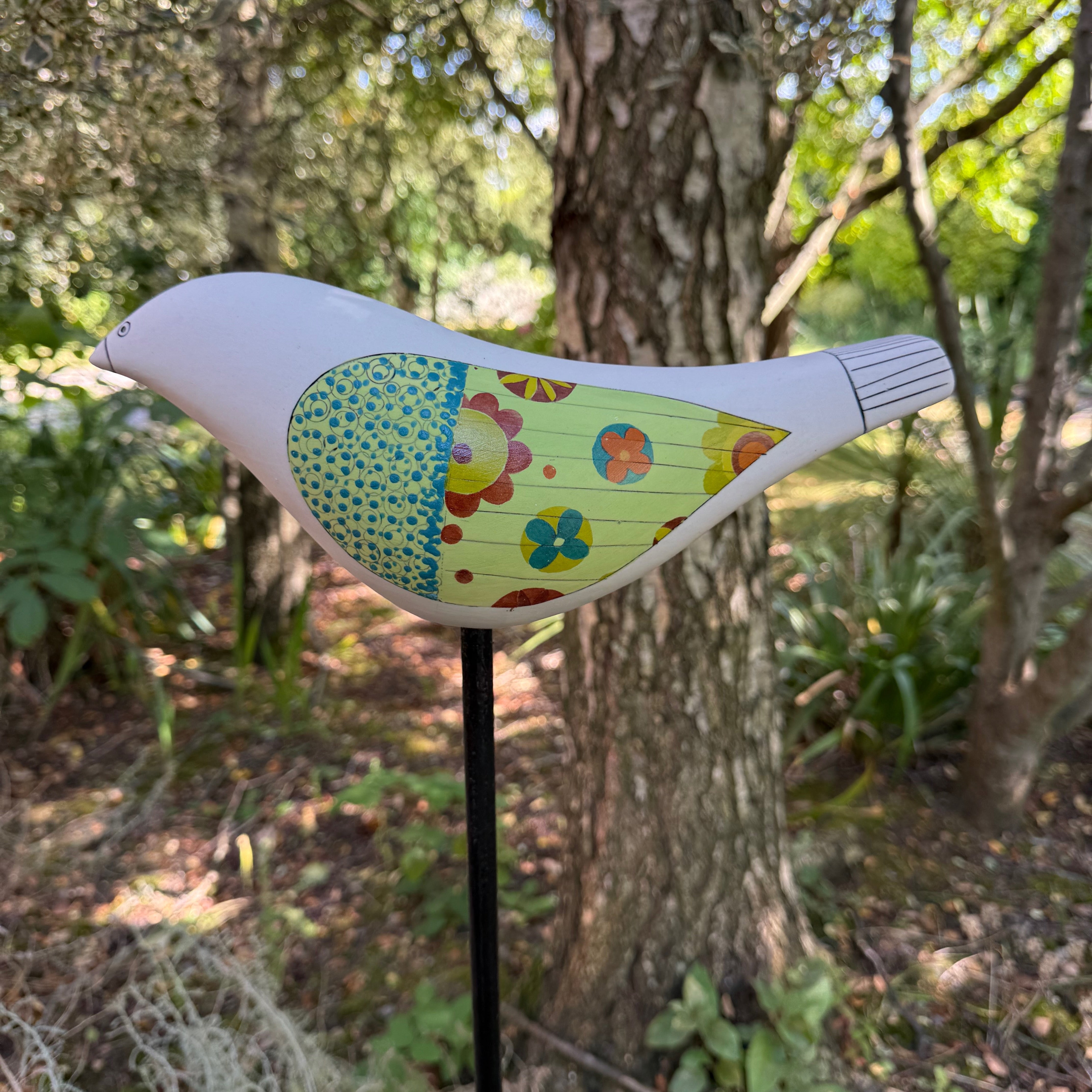 Song Bird - Ceramic Garden Sculpture, Green Wings