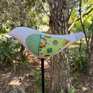 Song Bird - Ceramic Garden Sculpture, Green Wings