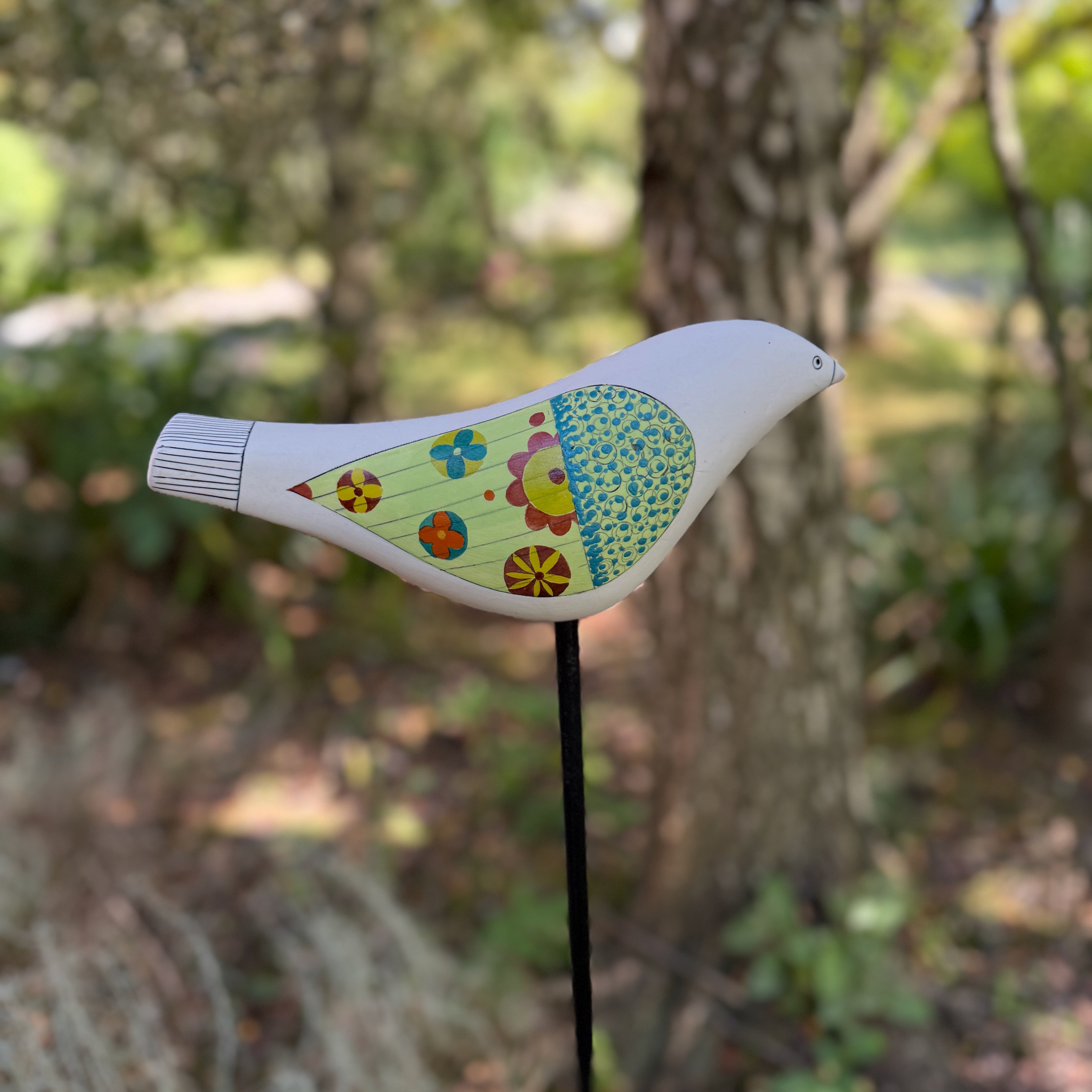Song Bird - Ceramic Garden Sculpture, Green Wings