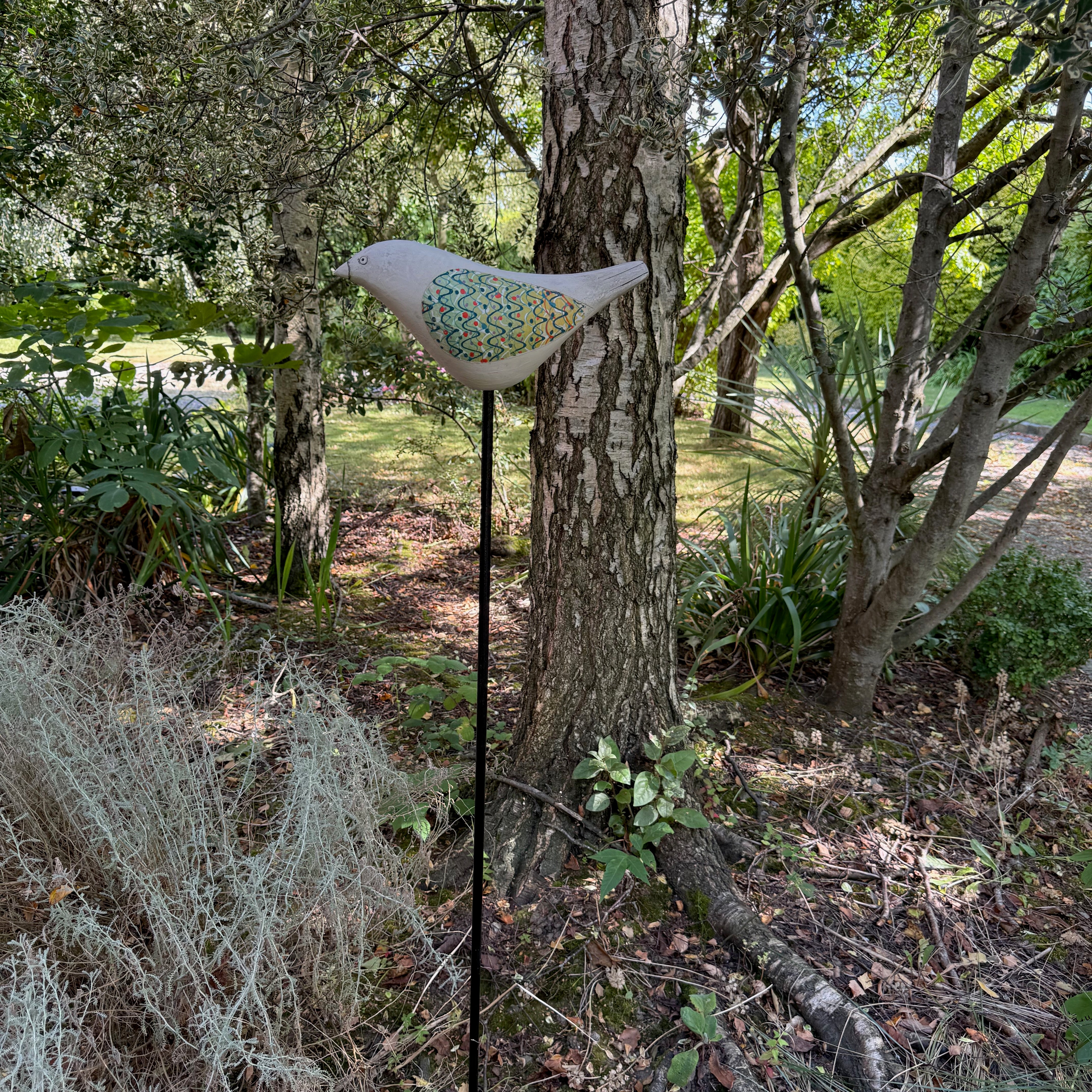 Song Bird - Ceramic Garden Sculpture (Green & Red Wings)