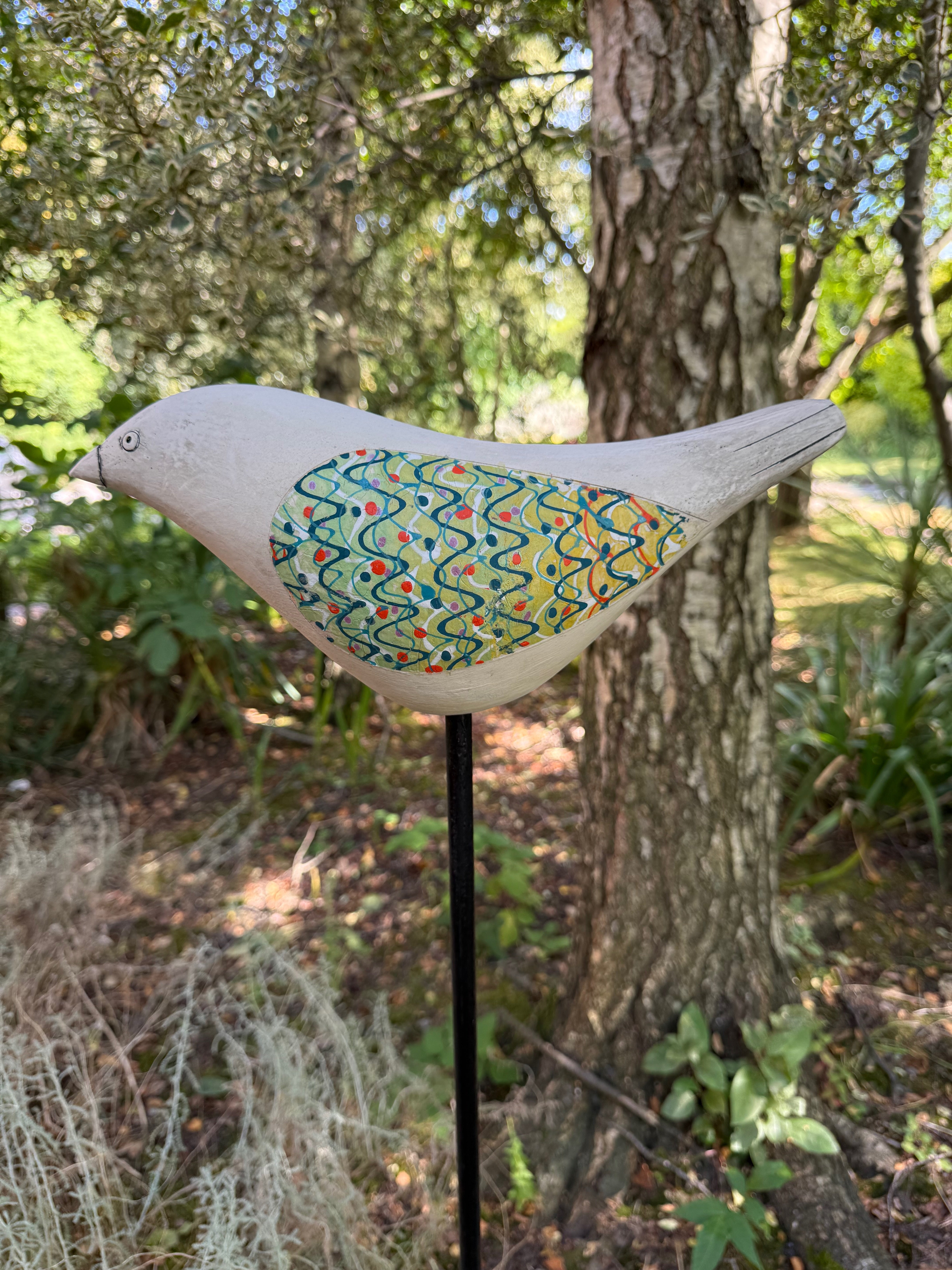Song Bird - Ceramic Garden Sculpture (Green & Red Wings)