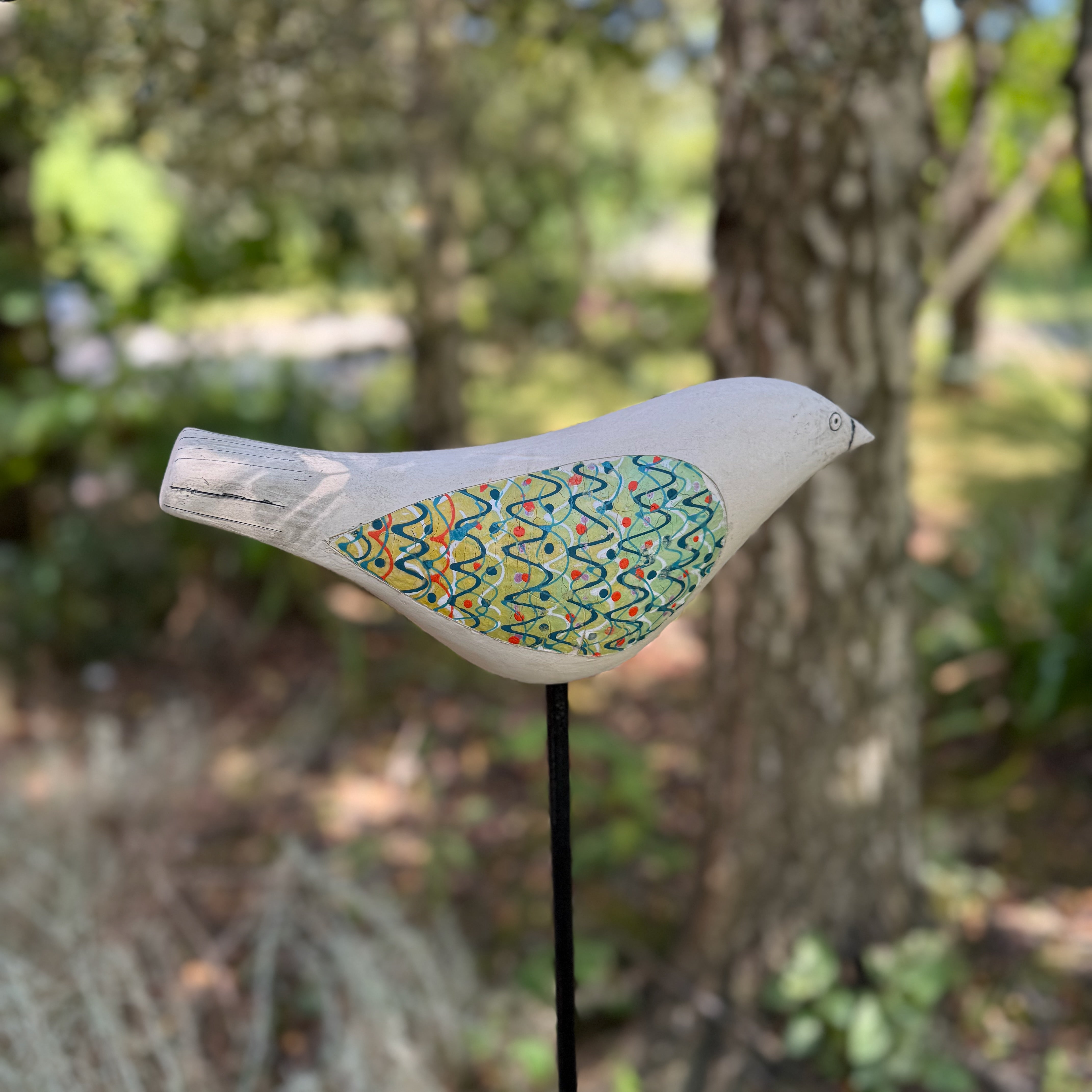 Song Bird - Ceramic Garden Sculpture (Green & Red Wings)