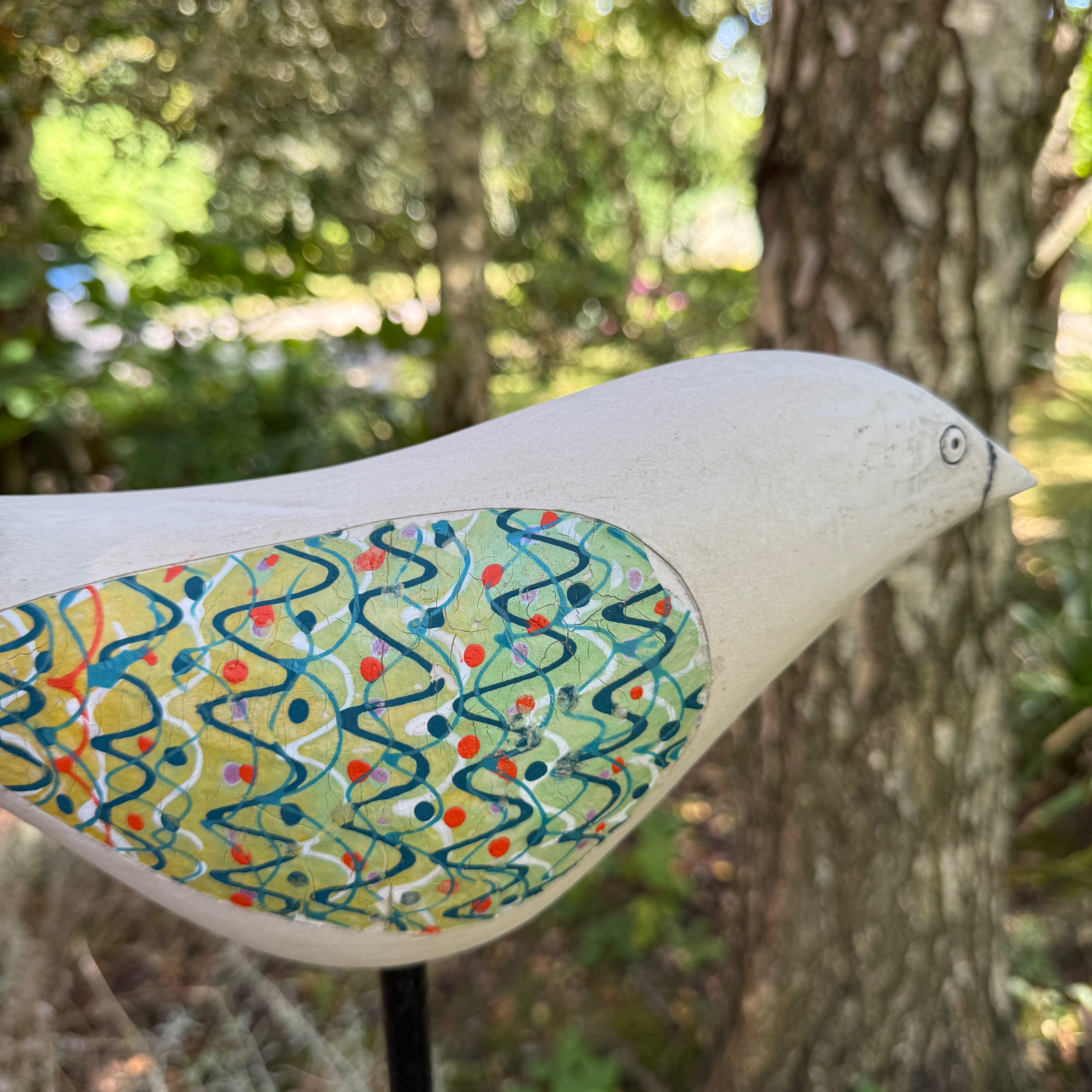 Song Bird - Ceramic Garden Sculpture (Green & Red Wings)