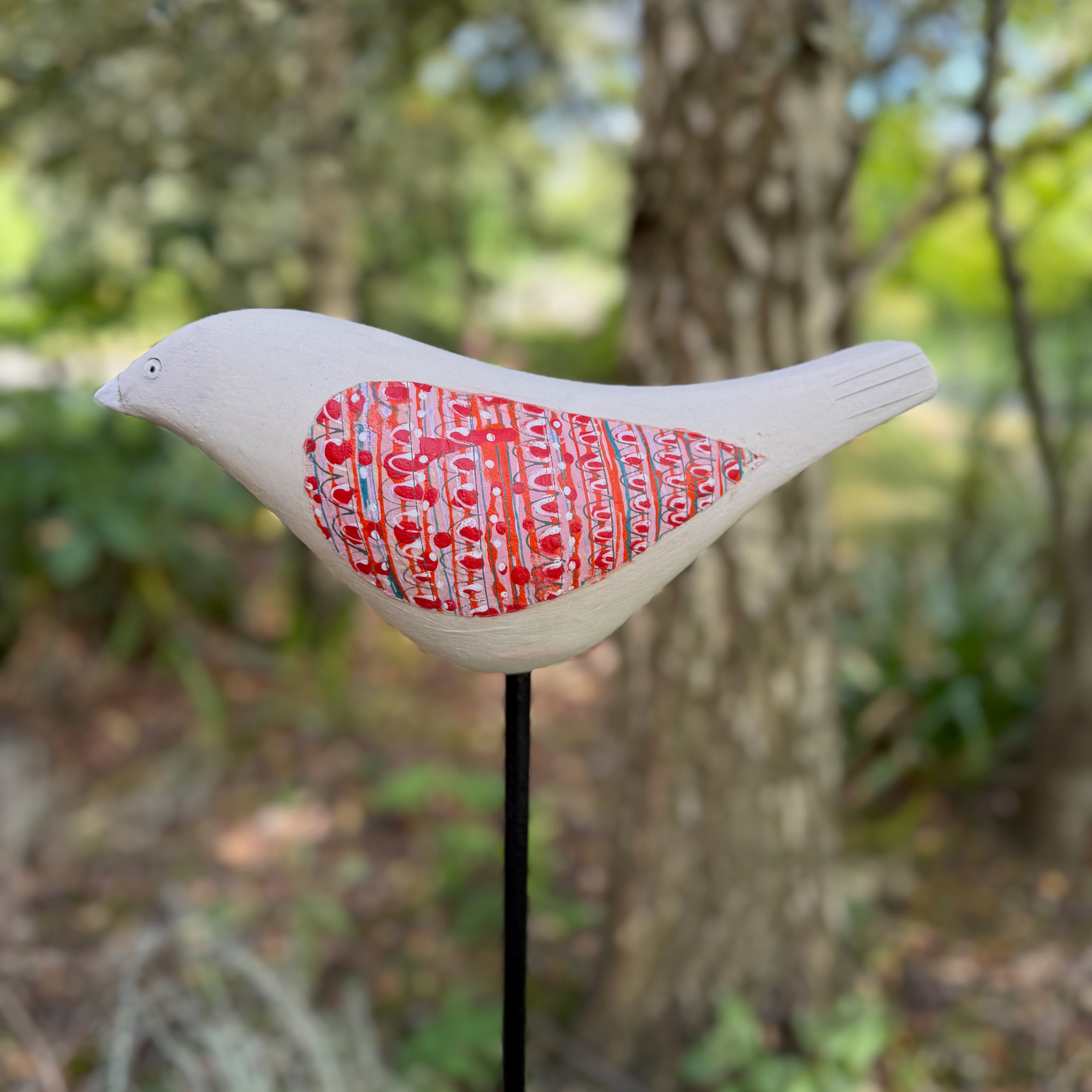 Song Bird - Ceramic Garden Sculpture, Red Wings