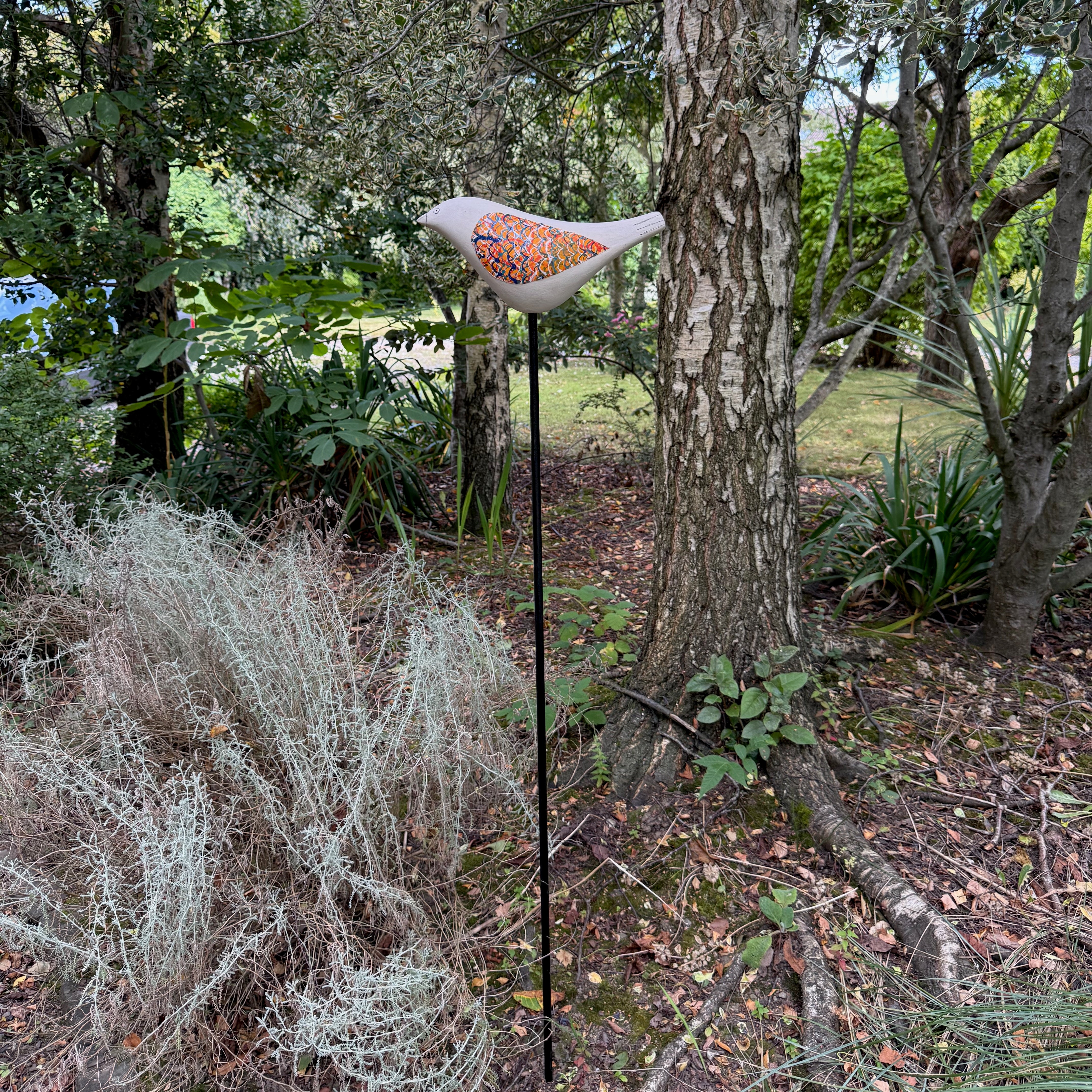 Song Bird - Ceramic Garden Bird Sculpture, Orange Wings