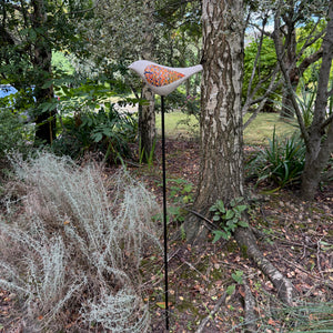 Song Bird - Ceramic Garden Bird Sculpture, Orange Wings