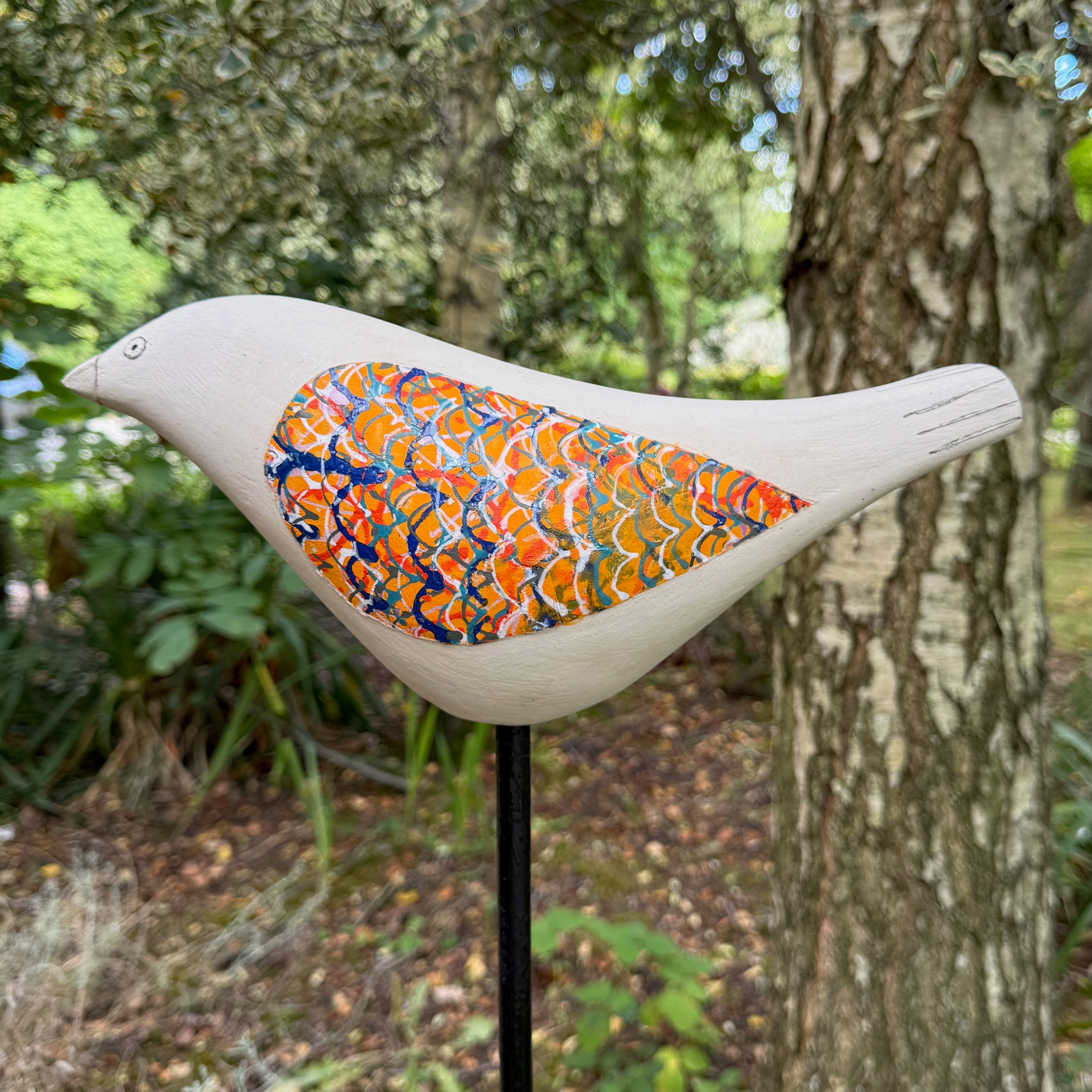 Song Bird - Ceramic Garden Bird Sculpture, Orange Wings