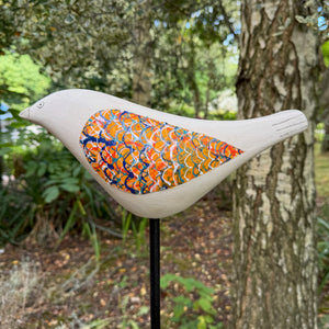 Song Bird - Ceramic Garden Bird Sculpture, Orange Wings
