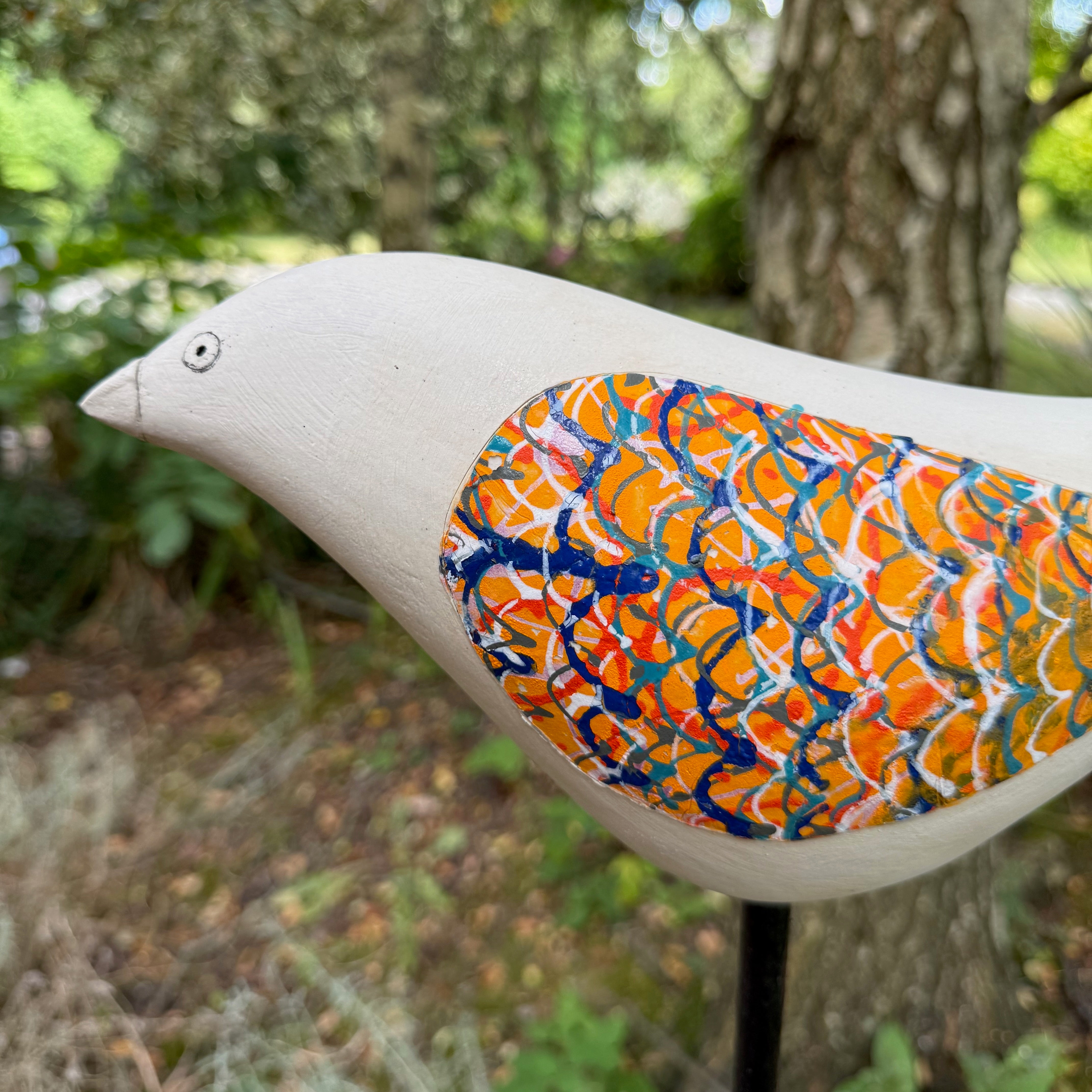 Song Bird - Ceramic Garden Bird Sculpture, Orange Wings