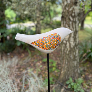 Song Bird - Ceramic Garden Bird Sculpture, Orange Wings