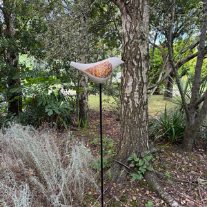 Song Bird - Ceramic Garden Bird Sculpture, Orange Wings