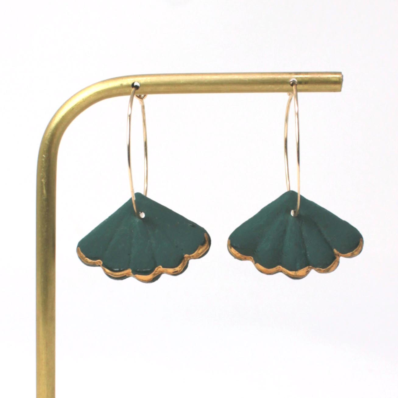 Teal Porcelain Petal Charm Gold Hoop Earrings