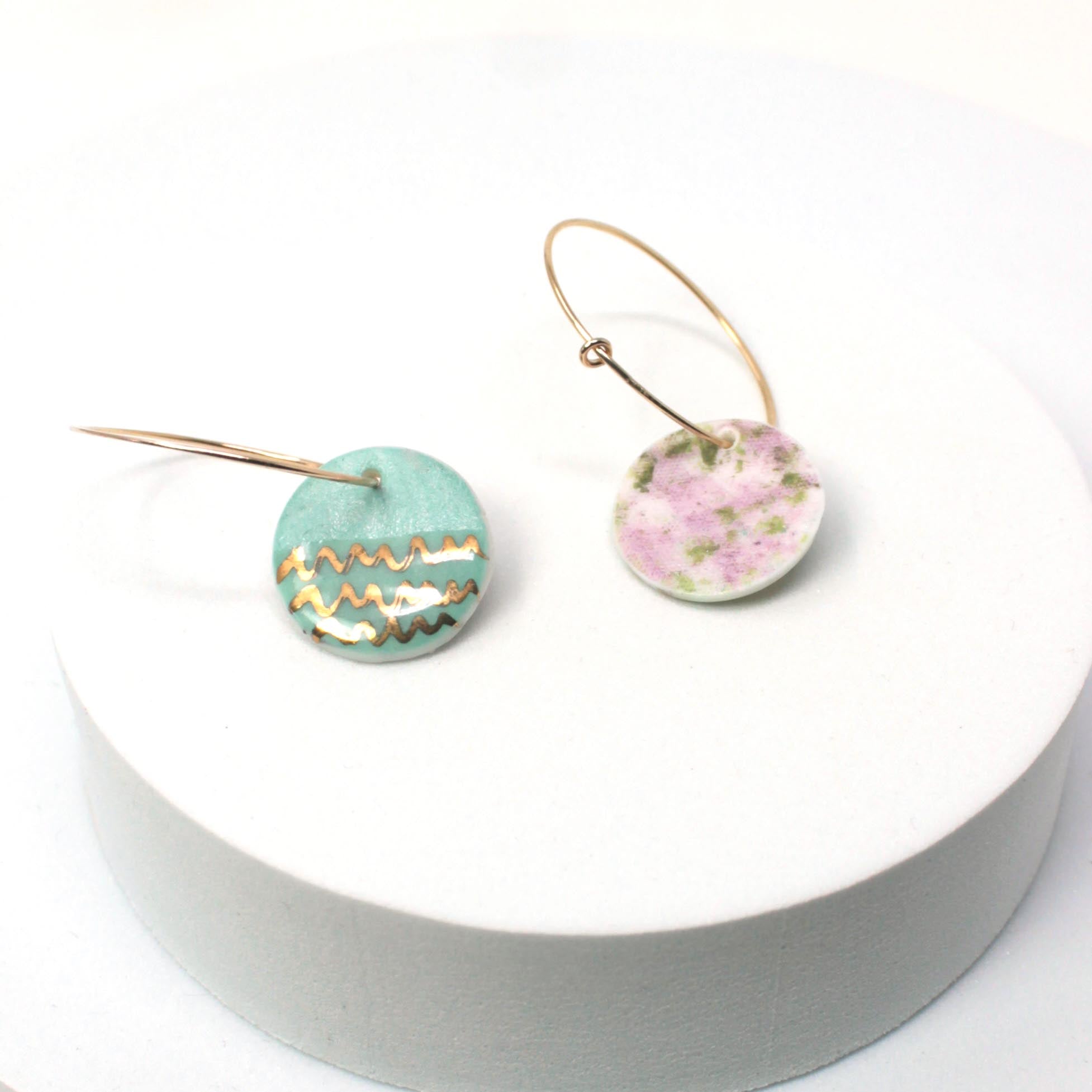 Jade Porcelain Disc Charm Hoop Earrings with 24karat Gold Lustre