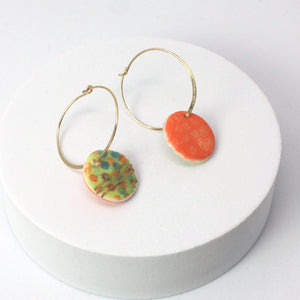 Muti Coloured Porcelain Round Charm Gold Hoop Earrings