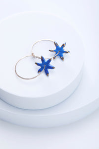 Star Flowers Porcelain Charm Gold Hoop Earrings, Vivid Blue
